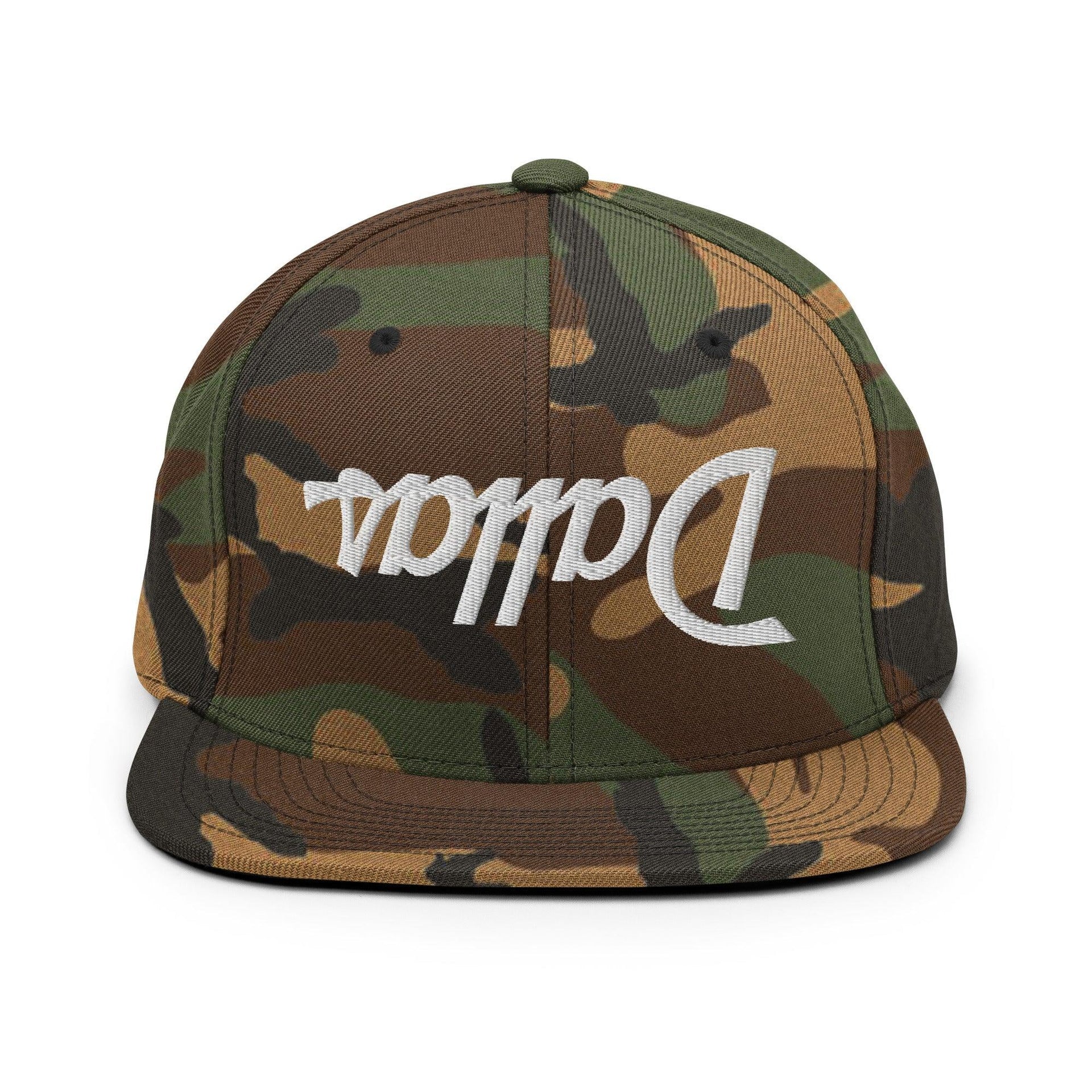 Upside Down Dallas Vintage Sports Script Flat Bill Brim Snapback Hat Green Camo Capital Crowns Dallas Snapback Hats TX