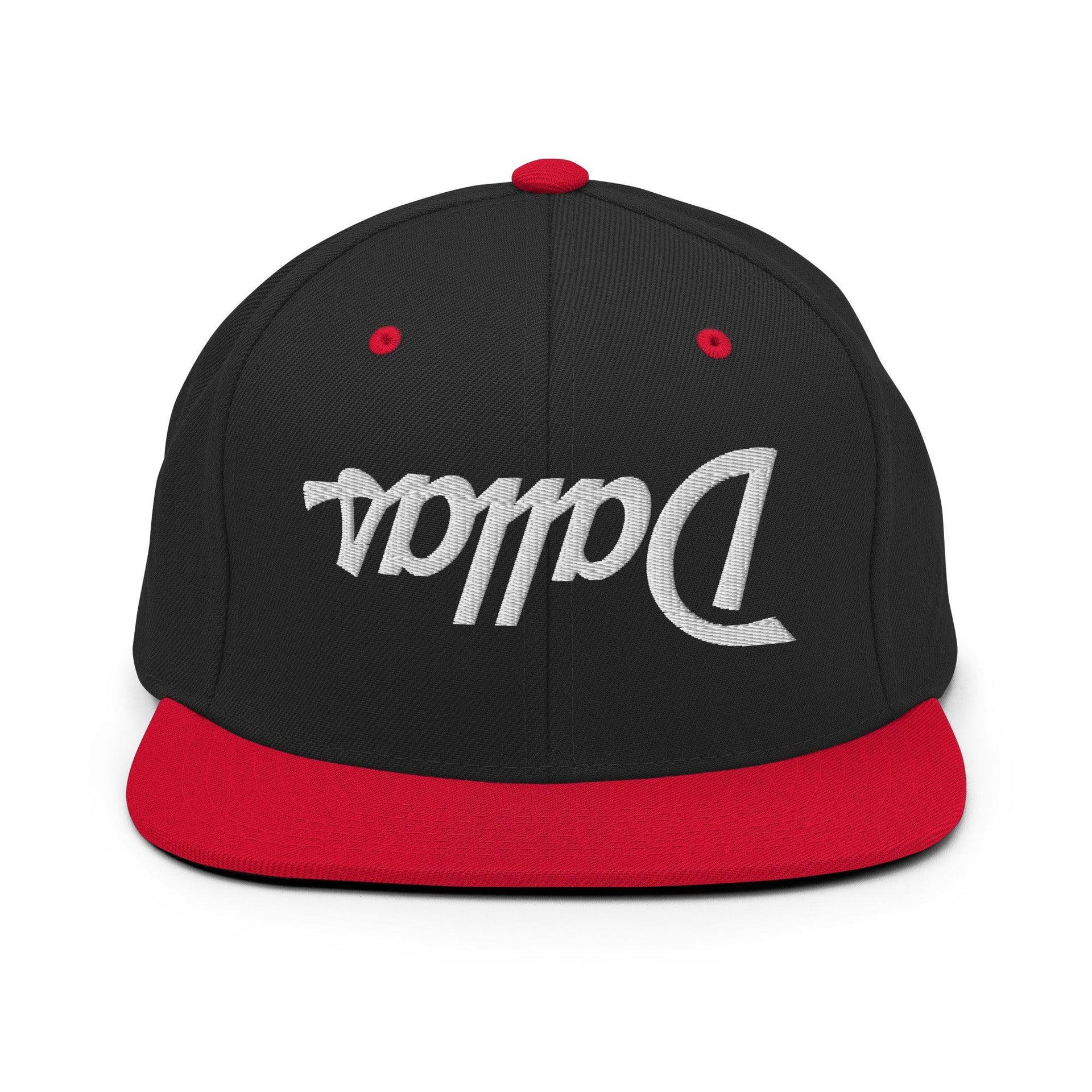 Upside Down Dallas Vintage Sports Script Flat Bill Brim Snapback Hat Black Red Capital Crowns Dallas Snapback Hats TX