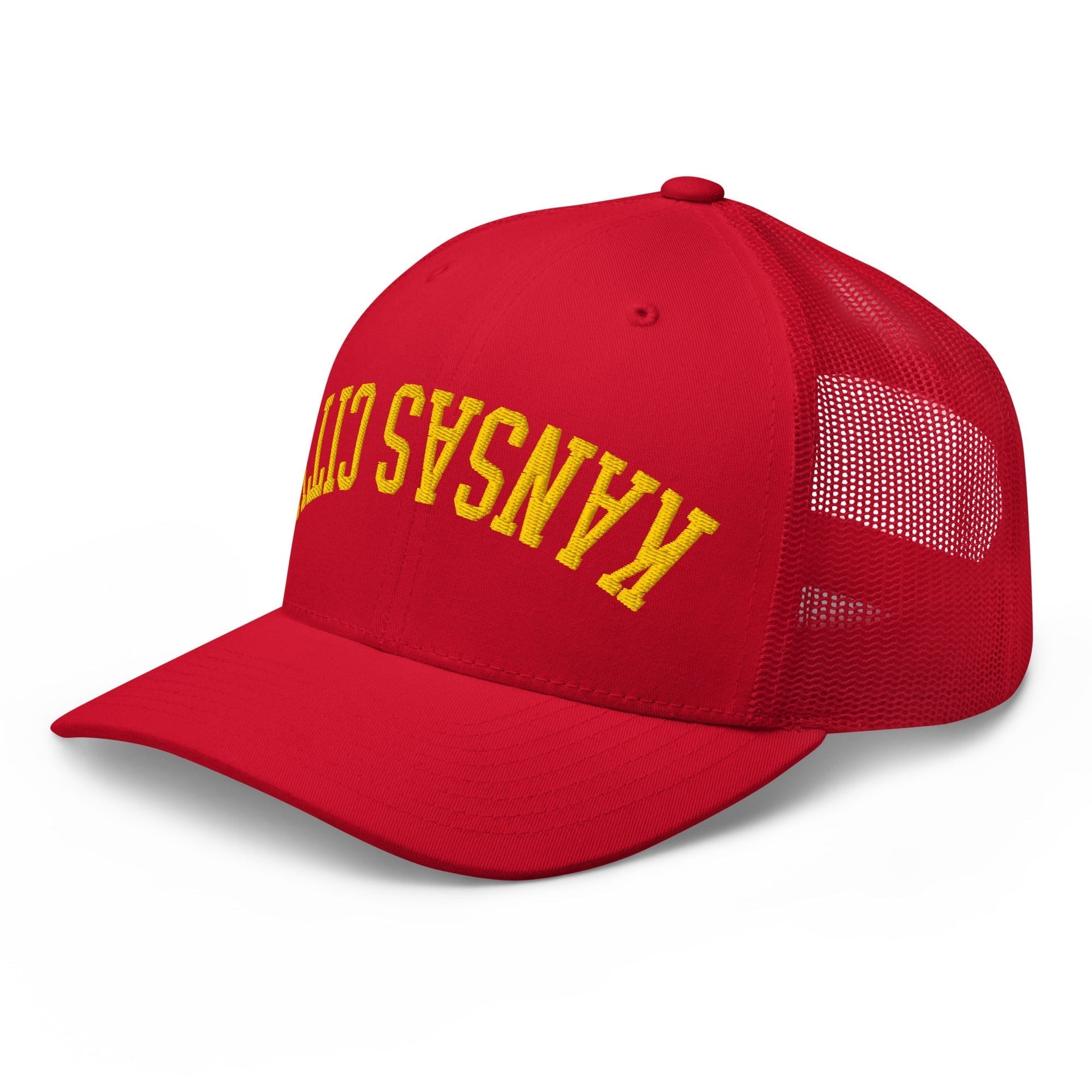 Upside Down Kansas City Football Embroidered Retro Mesh Trucker Hat Capital Crowns Football Kansas City KS Trucker Hats