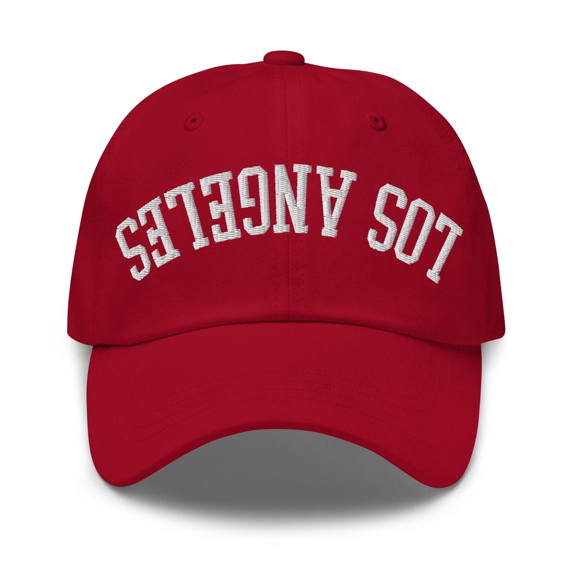 Upside Down LA Los Angeles Varsity Letterman Embroidered Dad Hat Cranberry CA Capital Crowns Dad Hats Los Angeles