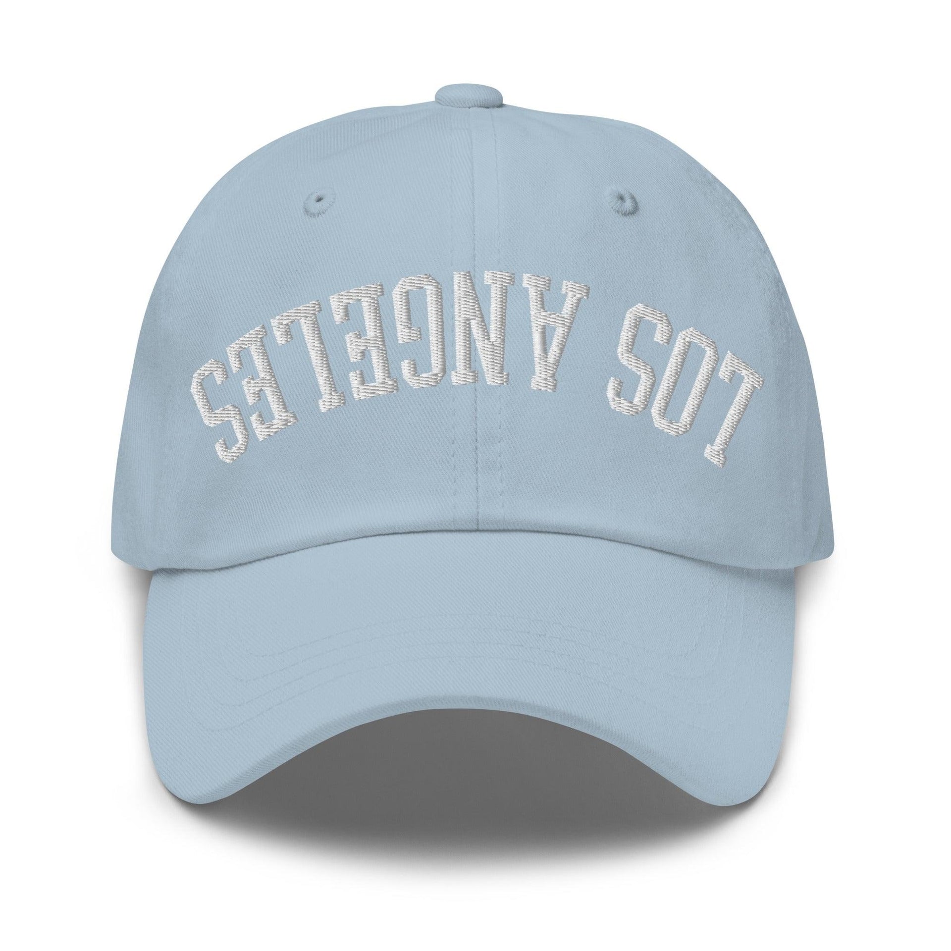Upside Down LA Los Angeles Varsity Letterman Embroidered Dad Hat Light Blue CA Capital Crowns Dad Hats Los Angeles