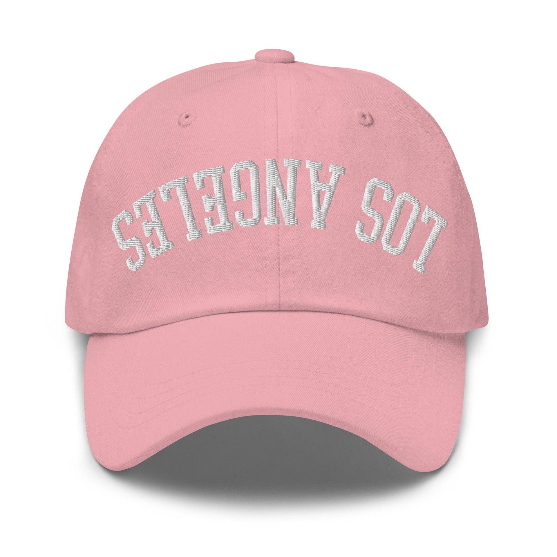 Upside Down LA Los Angeles Varsity Letterman Embroidered Dad Hat Pink CA Capital Crowns Dad Hats Los Angeles