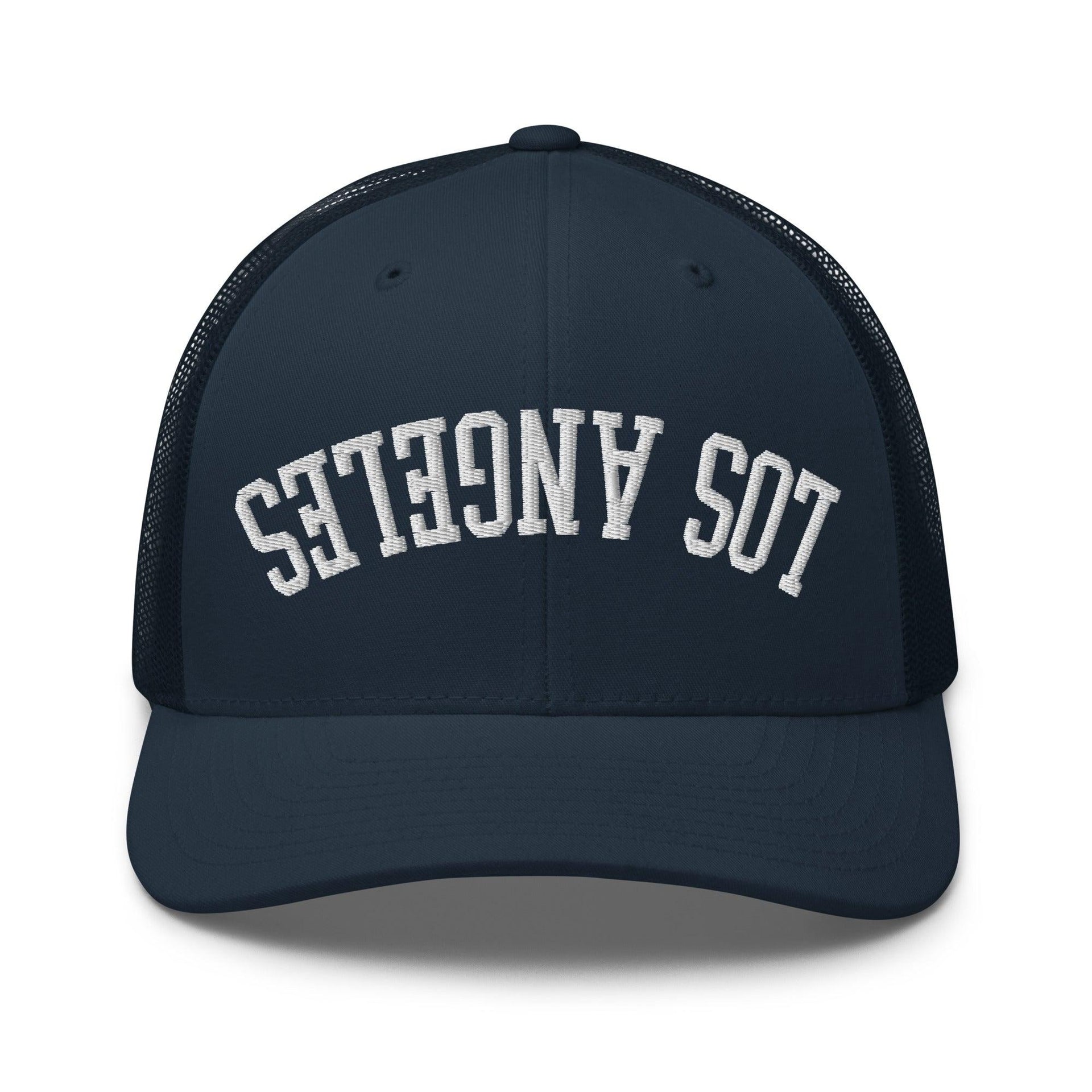 Upside Down LA Los Angeles Varsity Letterman Embroidered Mesh Trucker Hat Navy CA Capital Crowns Los Angeles Trucker Hats