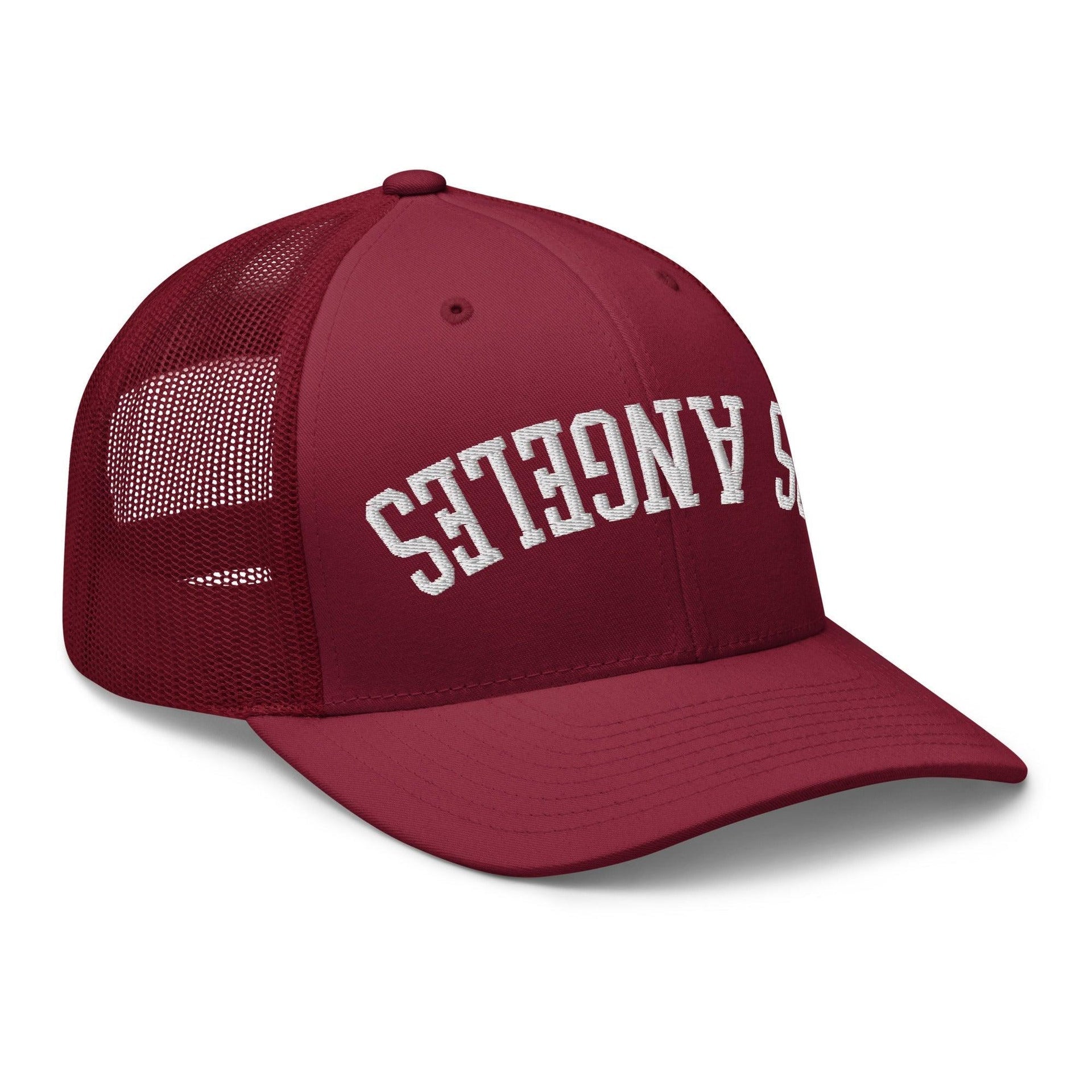 Upside Down LA Los Angeles Varsity Letterman Embroidered Mesh Trucker Hat CA Capital Crowns Los Angeles Trucker Hats