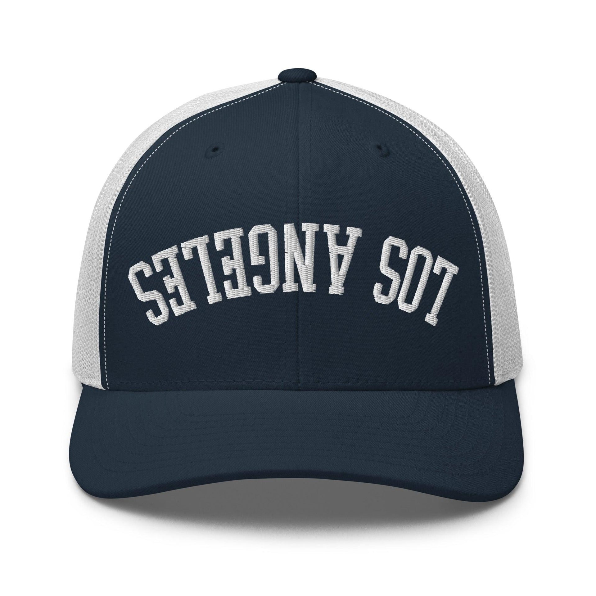 Upside Down LA Los Angeles Varsity Letterman Embroidered Mesh Trucker Hat Navy White CA Capital Crowns Los Angeles Trucker Hats