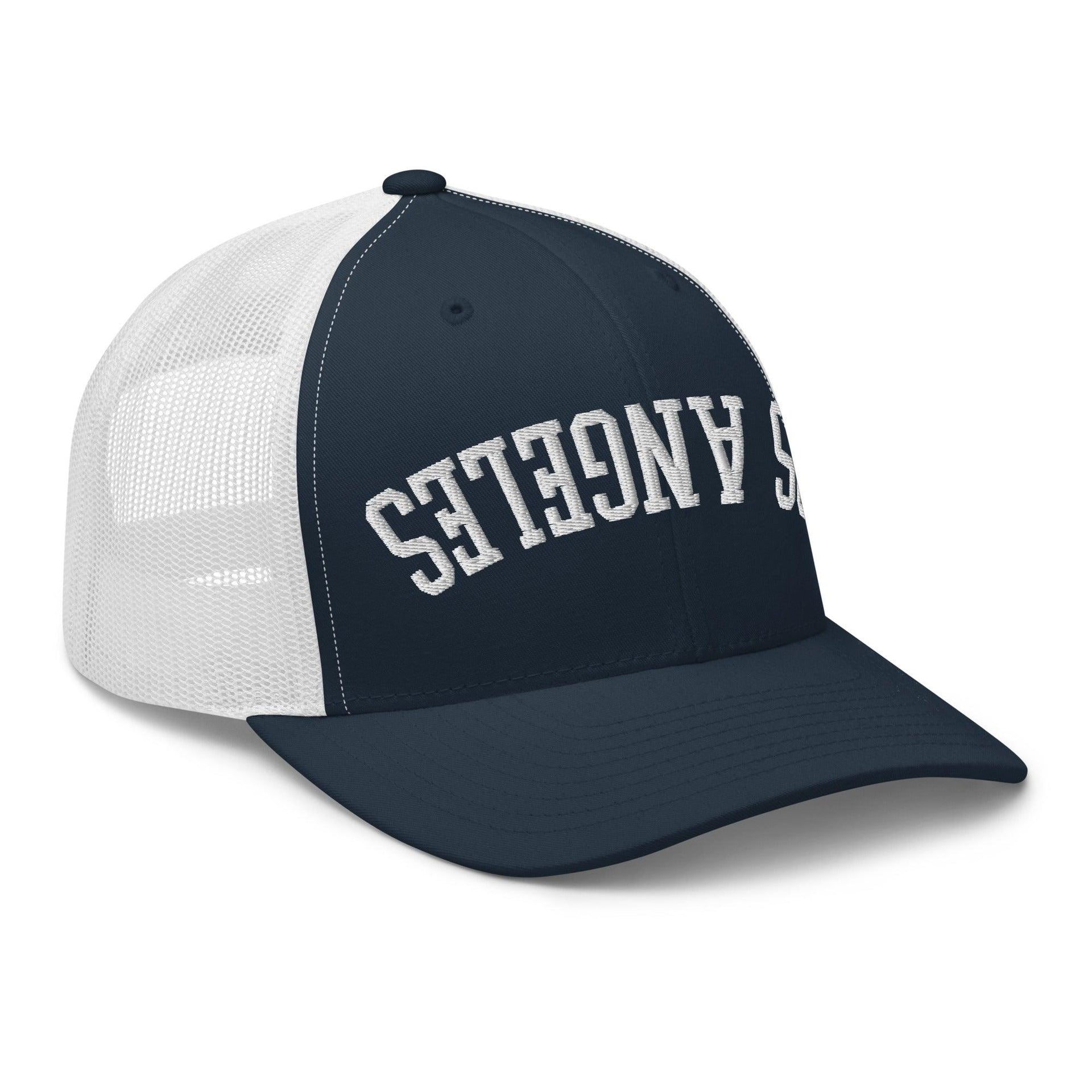 Upside Down LA Los Angeles Varsity Letterman Embroidered Mesh Trucker Hat CA Capital Crowns Los Angeles Trucker Hats