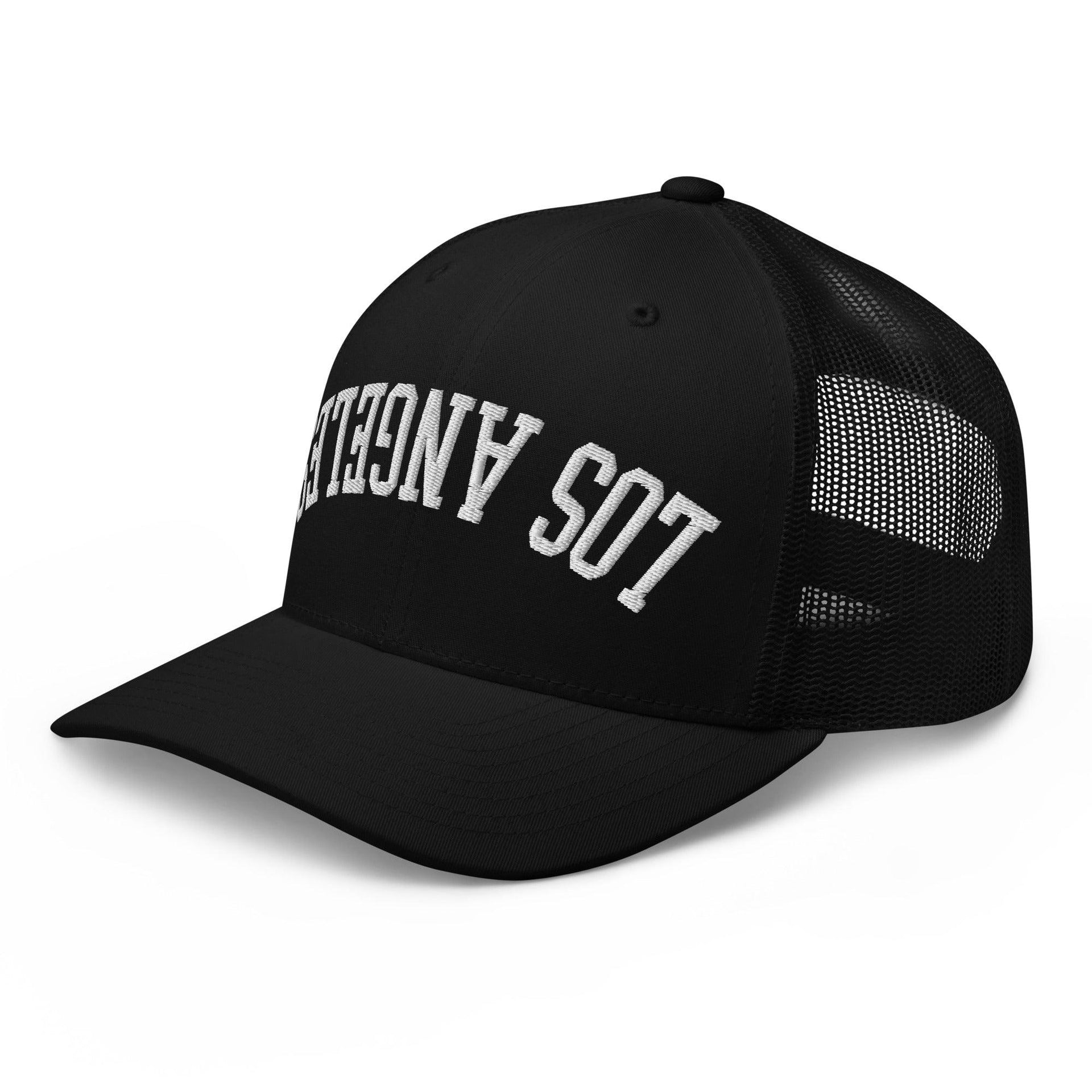 Upside Down LA Los Angeles Varsity Letterman Embroidered Mesh Trucker Hat CA Capital Crowns Los Angeles Trucker Hats