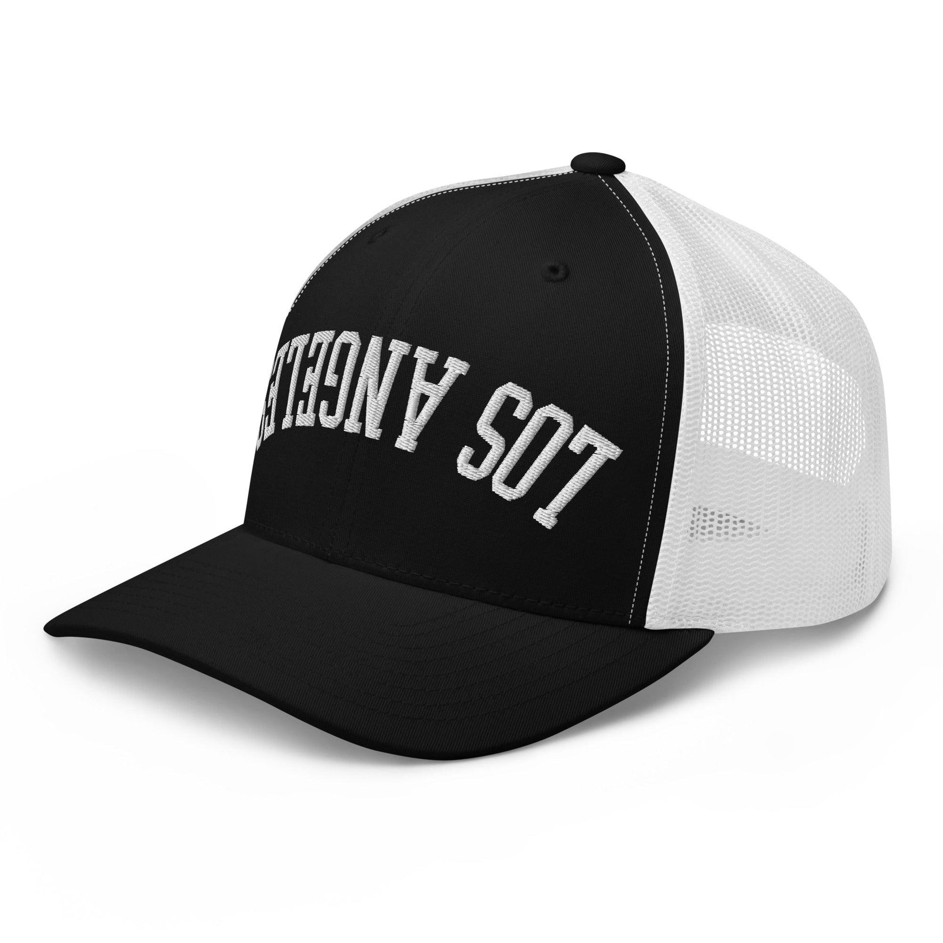 Upside Down LA Los Angeles Varsity Letterman Embroidered Mesh Trucker Hat CA Capital Crowns Los Angeles Trucker Hats