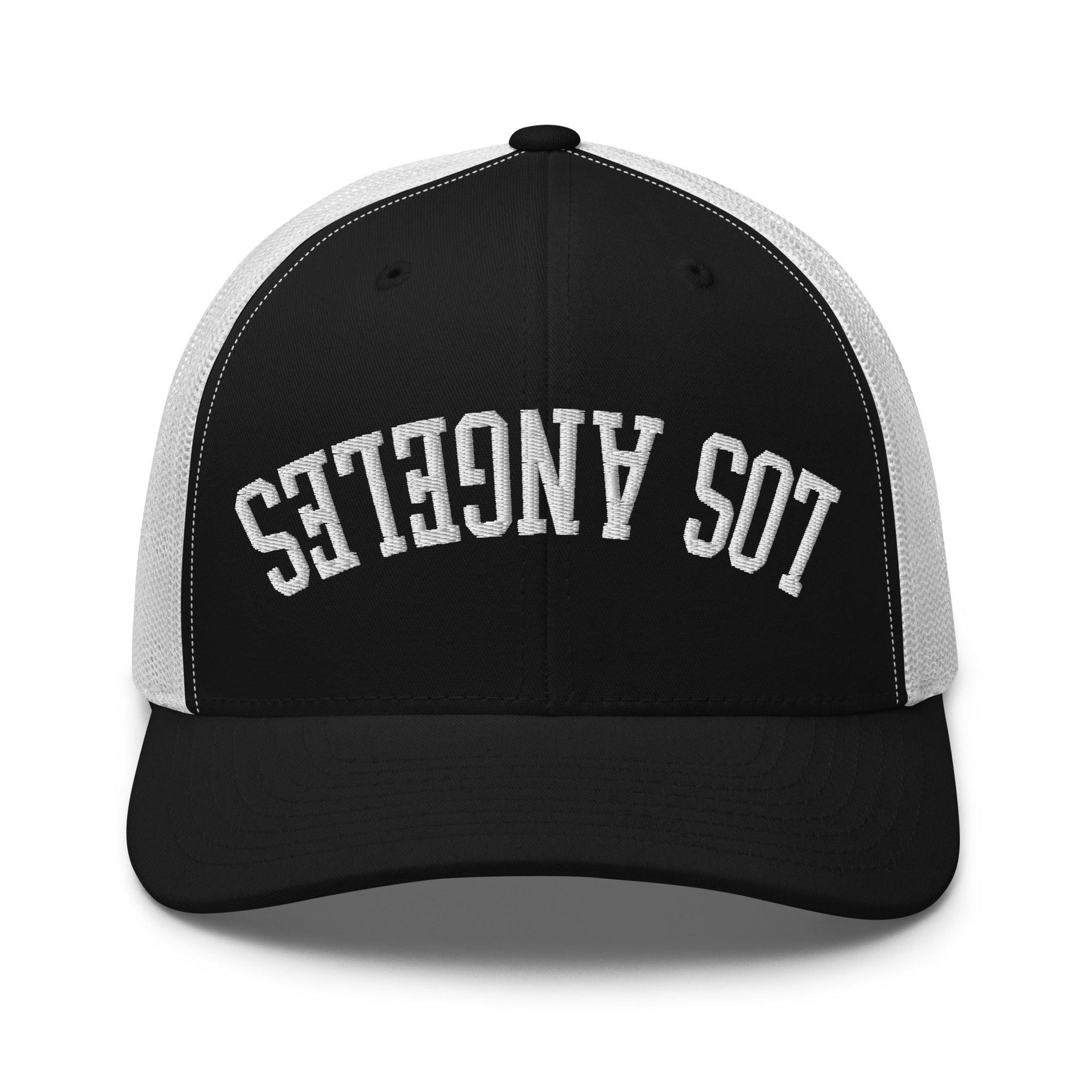 Upside Down LA Los Angeles Varsity Letterman Embroidered Mesh Trucker Hat Black White CA Capital Crowns Los Angeles Trucker Hats