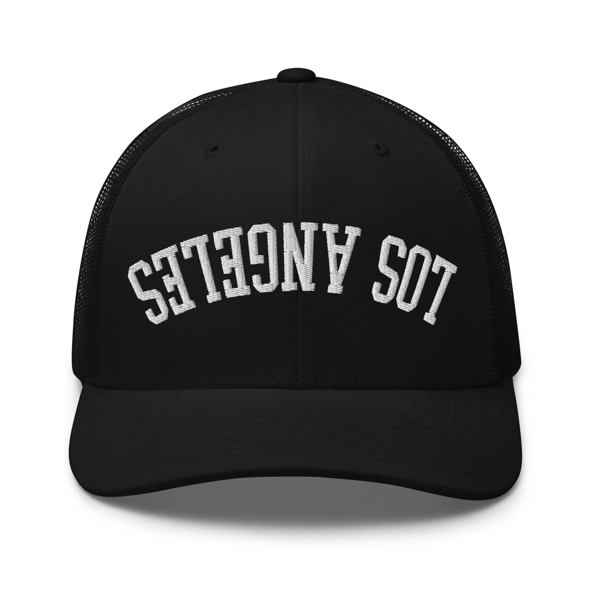 Upside Down LA Los Angeles Varsity Letterman Embroidered Mesh Trucker Hat Black CA Capital Crowns Los Angeles Trucker Hats