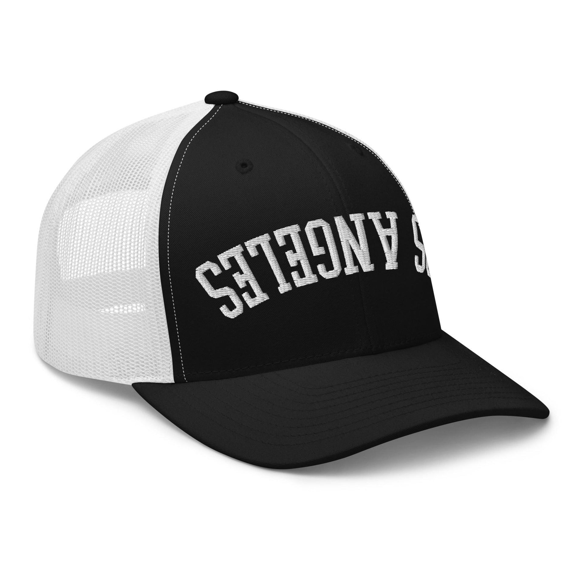 Upside Down LA Los Angeles Varsity Letterman Embroidered Mesh Trucker Hat CA Capital Crowns Los Angeles Trucker Hats
