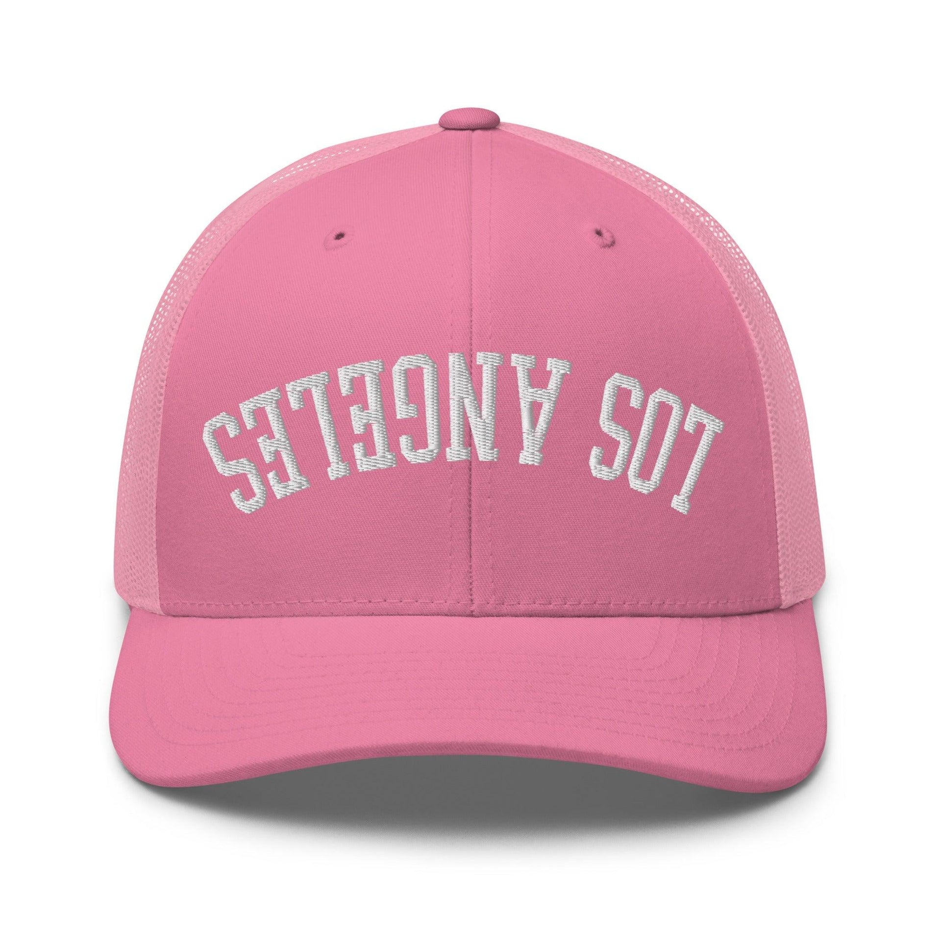 Upside Down LA Los Angeles Varsity Letterman Embroidered Mesh Trucker Hat Pink CA Capital Crowns Los Angeles Trucker Hats