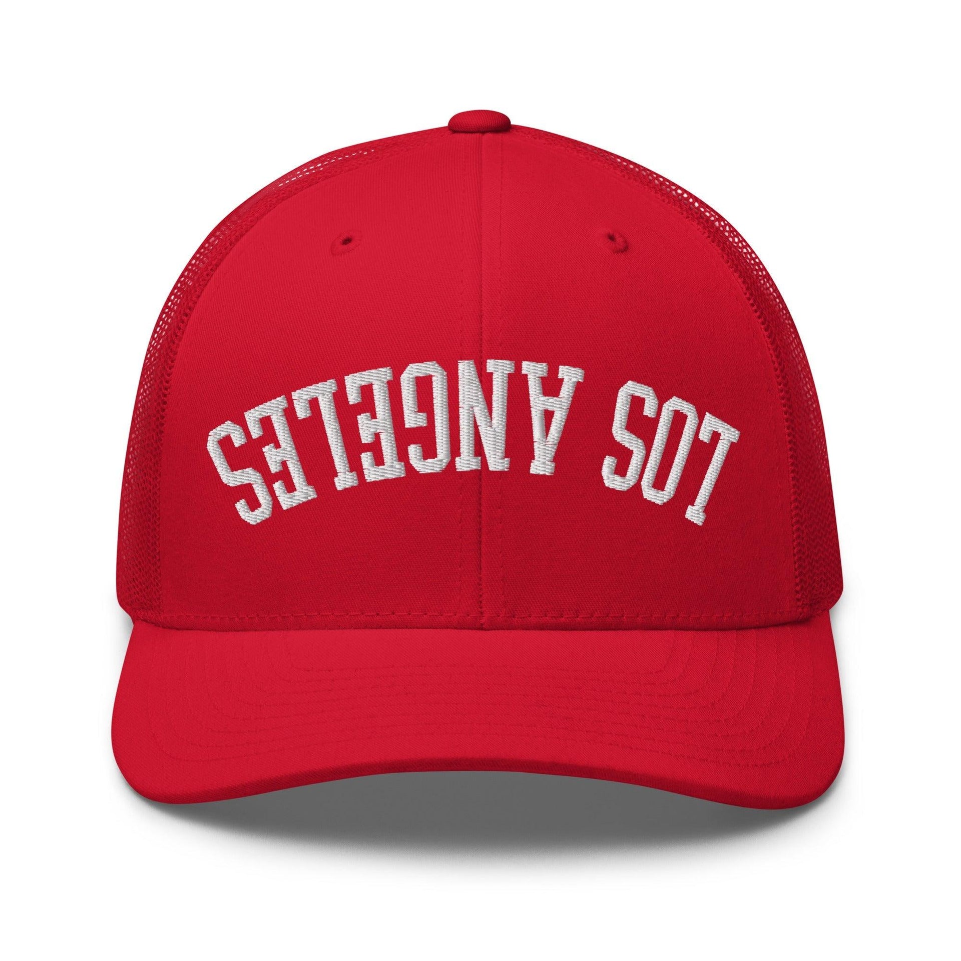 Upside Down LA Los Angeles Varsity Letterman Embroidered Mesh Trucker Hat Red CA Capital Crowns Los Angeles Trucker Hats