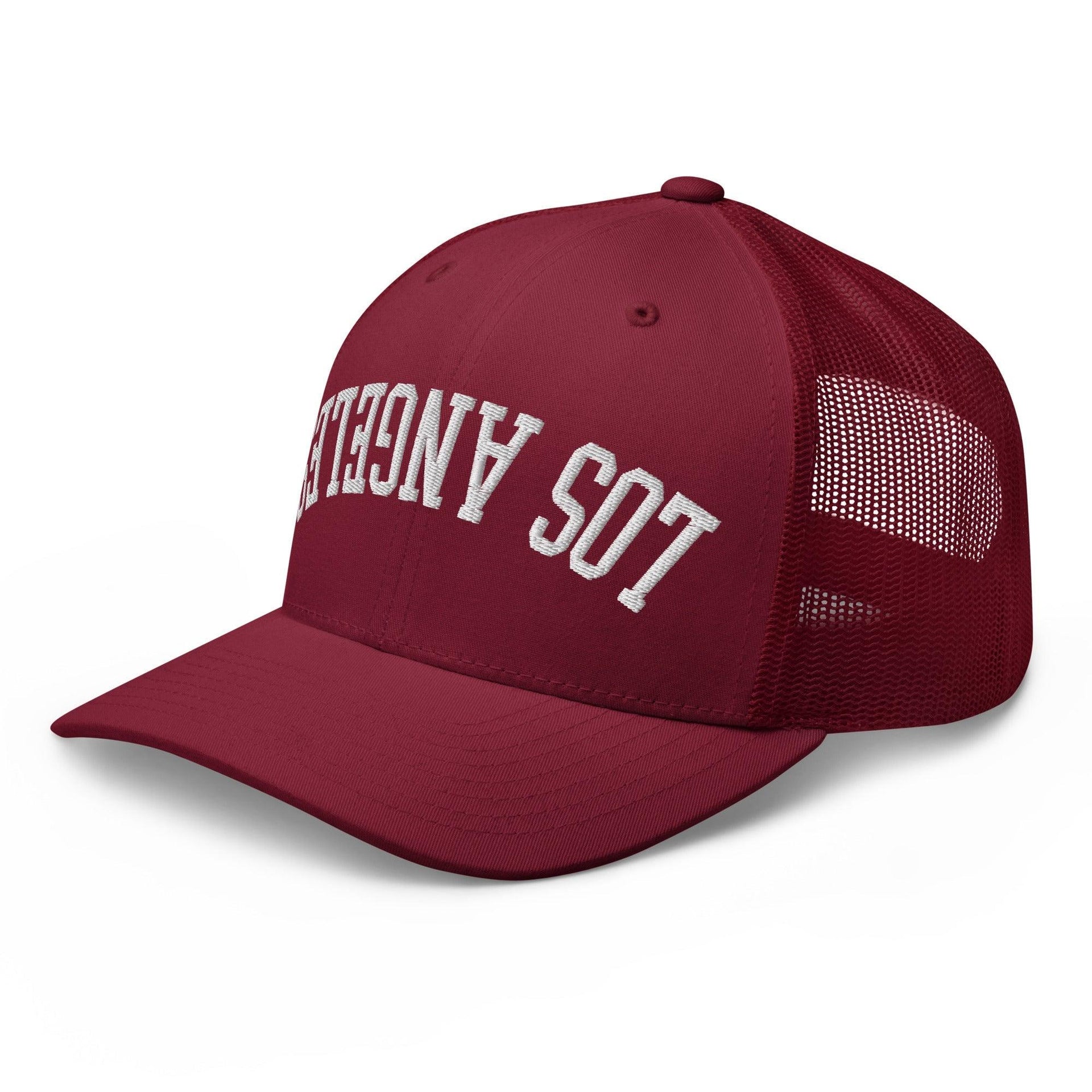 Upside Down LA Los Angeles Varsity Letterman Embroidered Mesh Trucker Hat CA Capital Crowns Los Angeles Trucker Hats