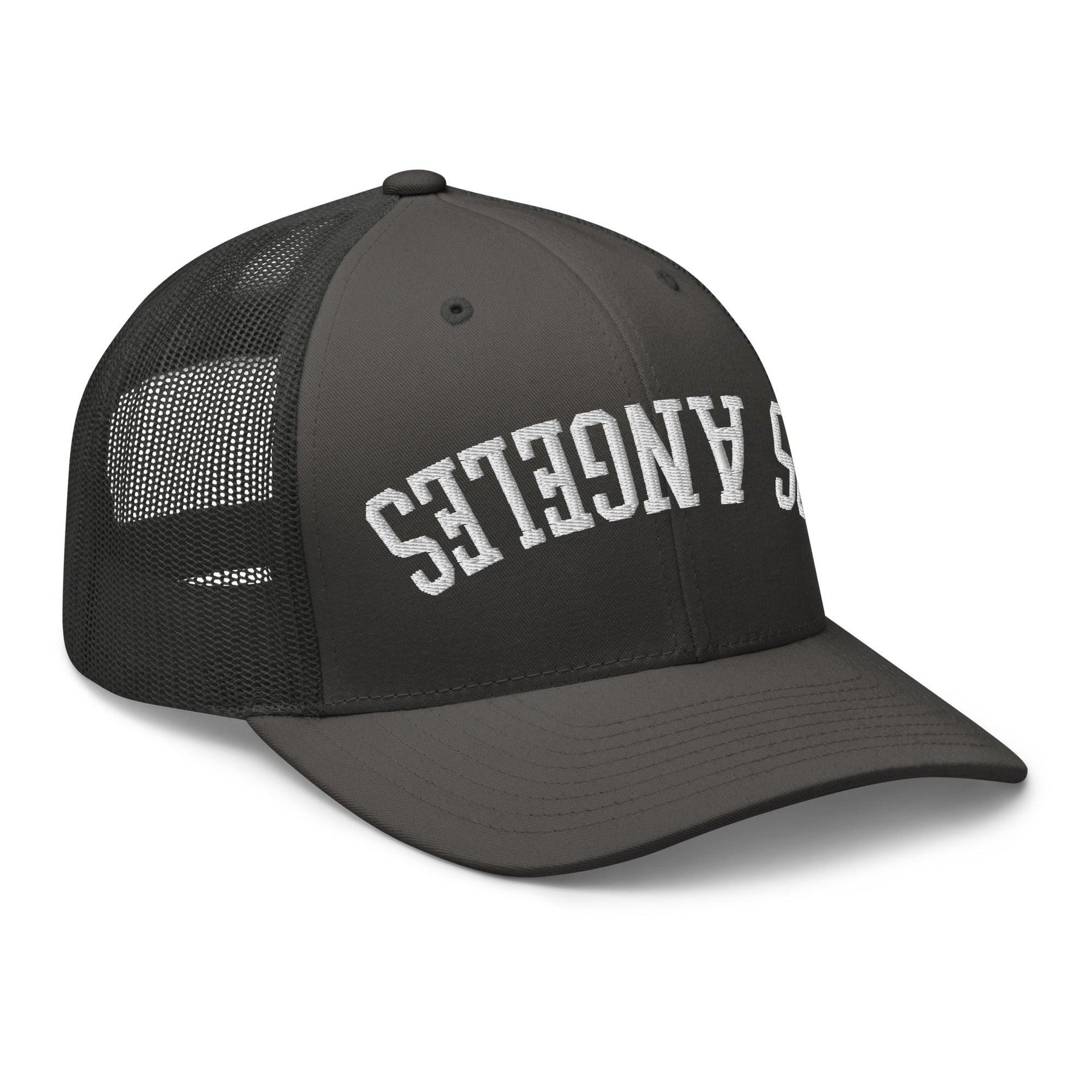 Upside Down LA Los Angeles Varsity Letterman Embroidered Mesh Trucker Hat CA Capital Crowns Los Angeles Trucker Hats