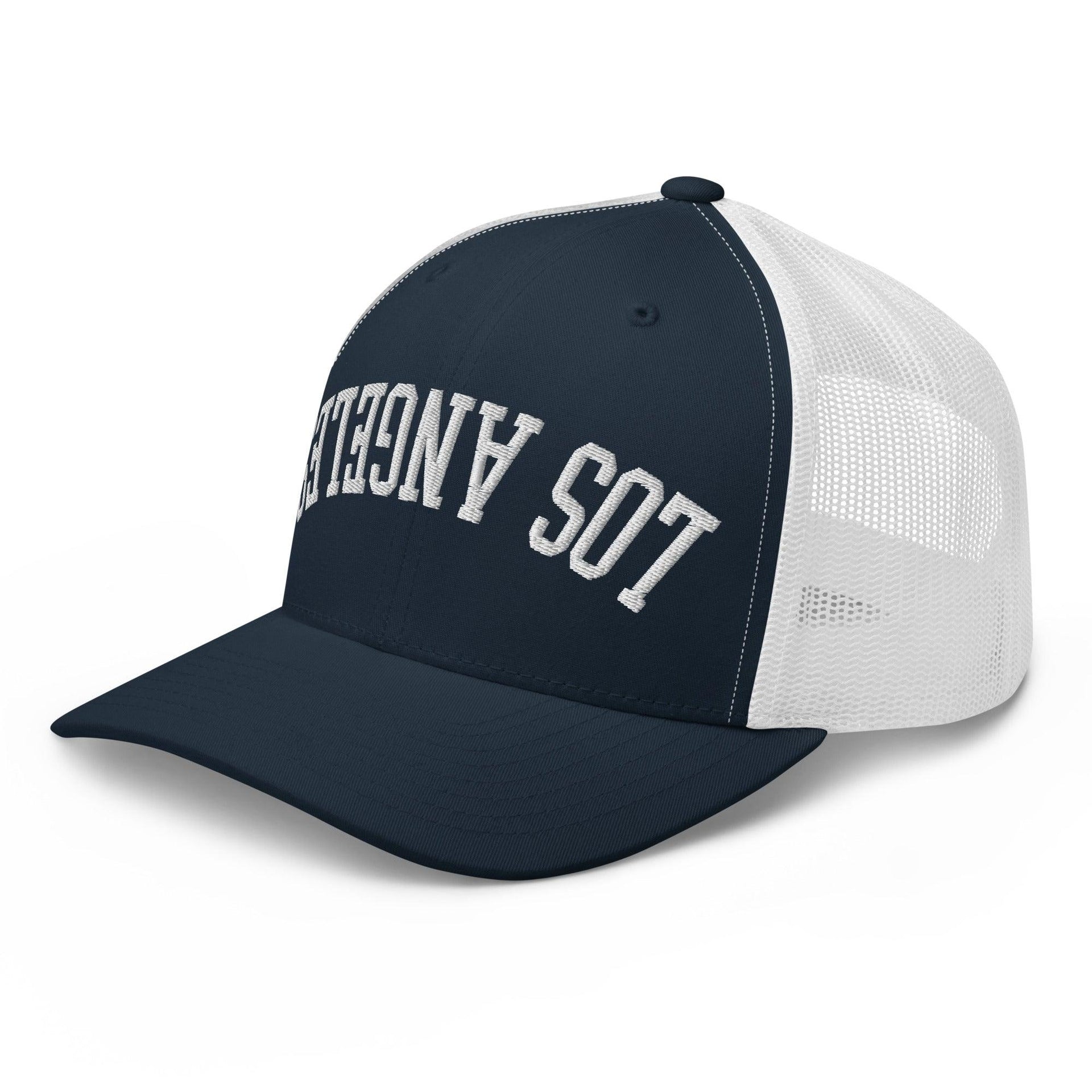 Upside Down LA Los Angeles Varsity Letterman Embroidered Mesh Trucker Hat CA Capital Crowns Los Angeles Trucker Hats
