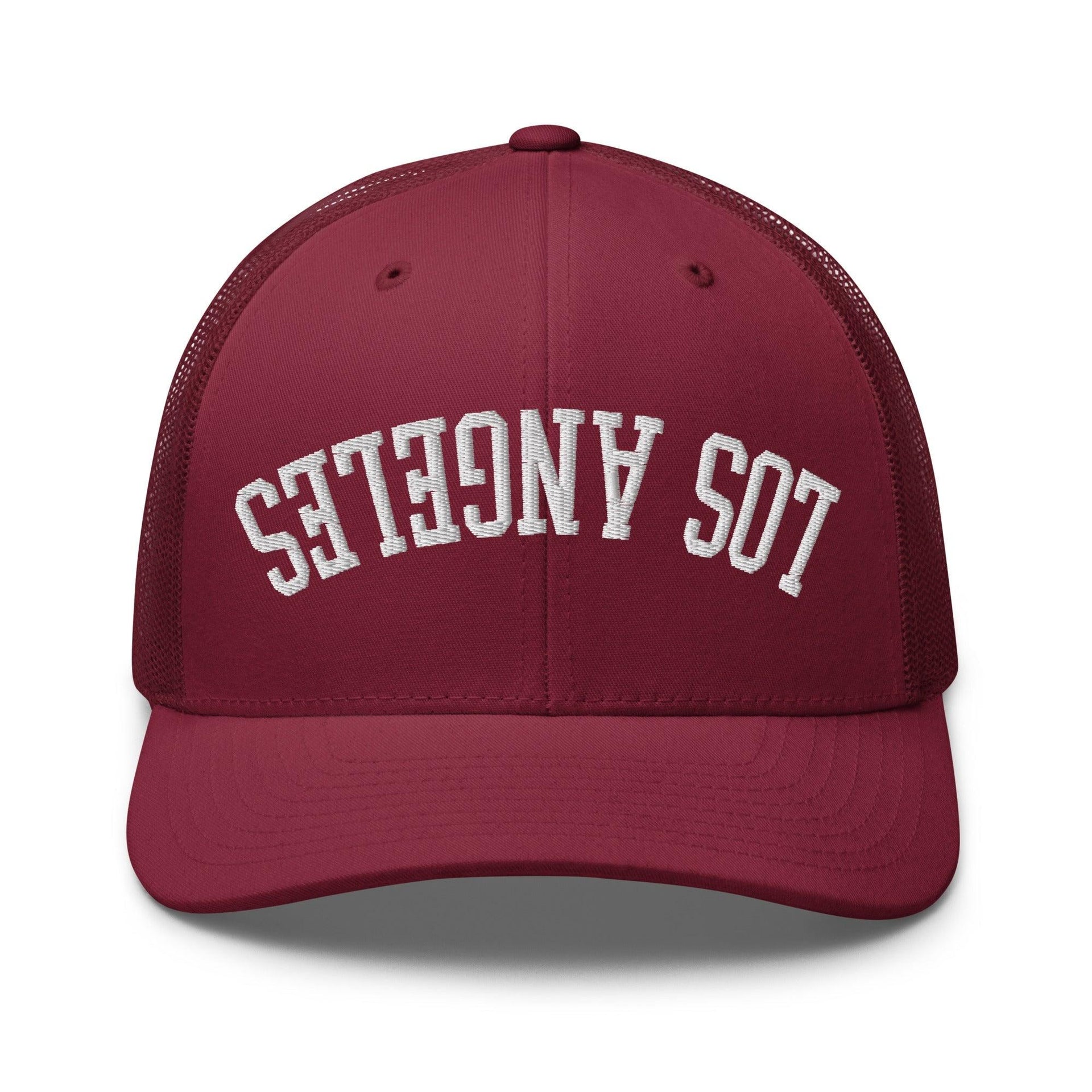 Upside Down LA Los Angeles Varsity Letterman Embroidered Mesh Trucker Hat Cranberry CA Capital Crowns Los Angeles Trucker Hats