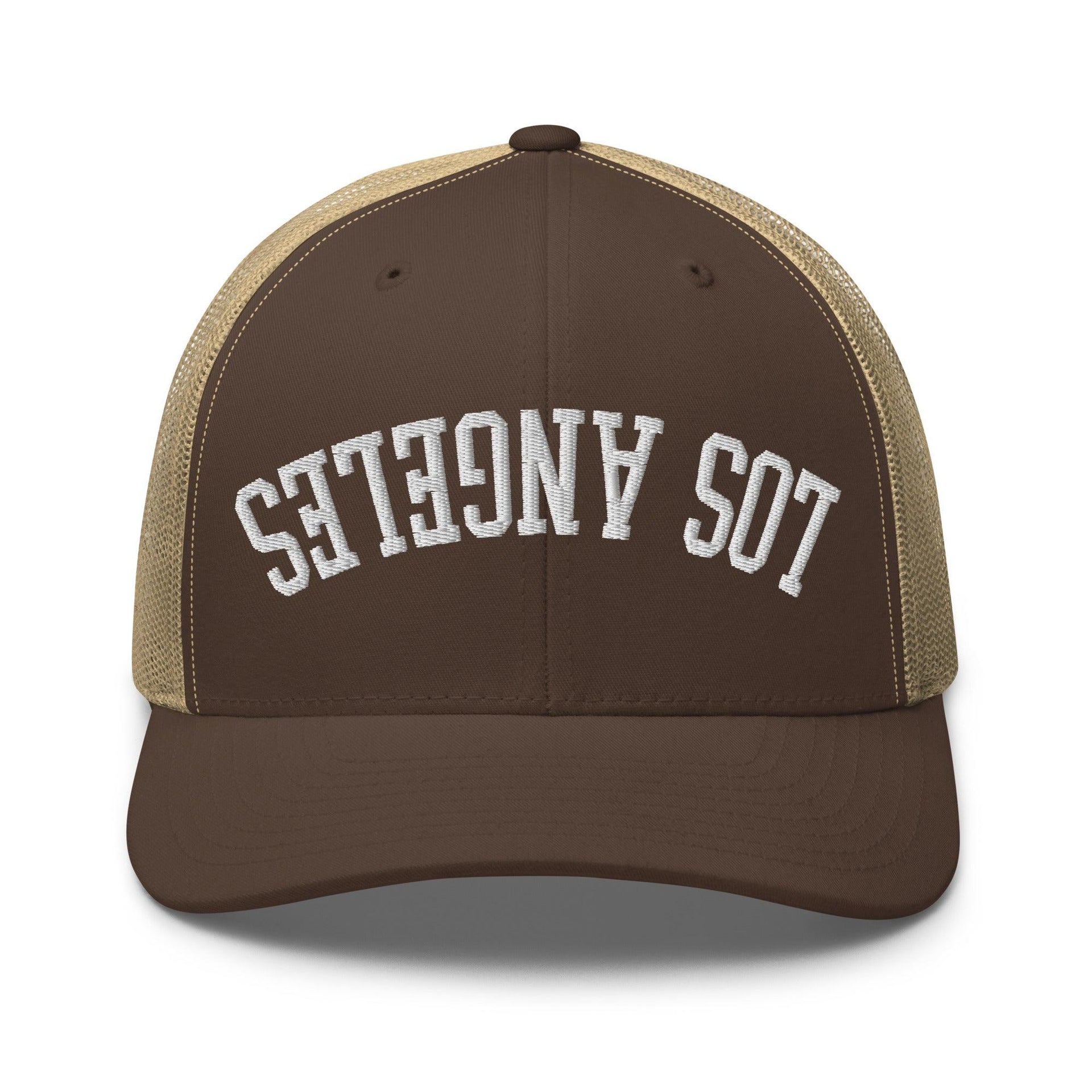 Upside Down LA Los Angeles Varsity Letterman Embroidered Mesh Trucker Hat Brown Khaki CA Capital Crowns Los Angeles Trucker Hats