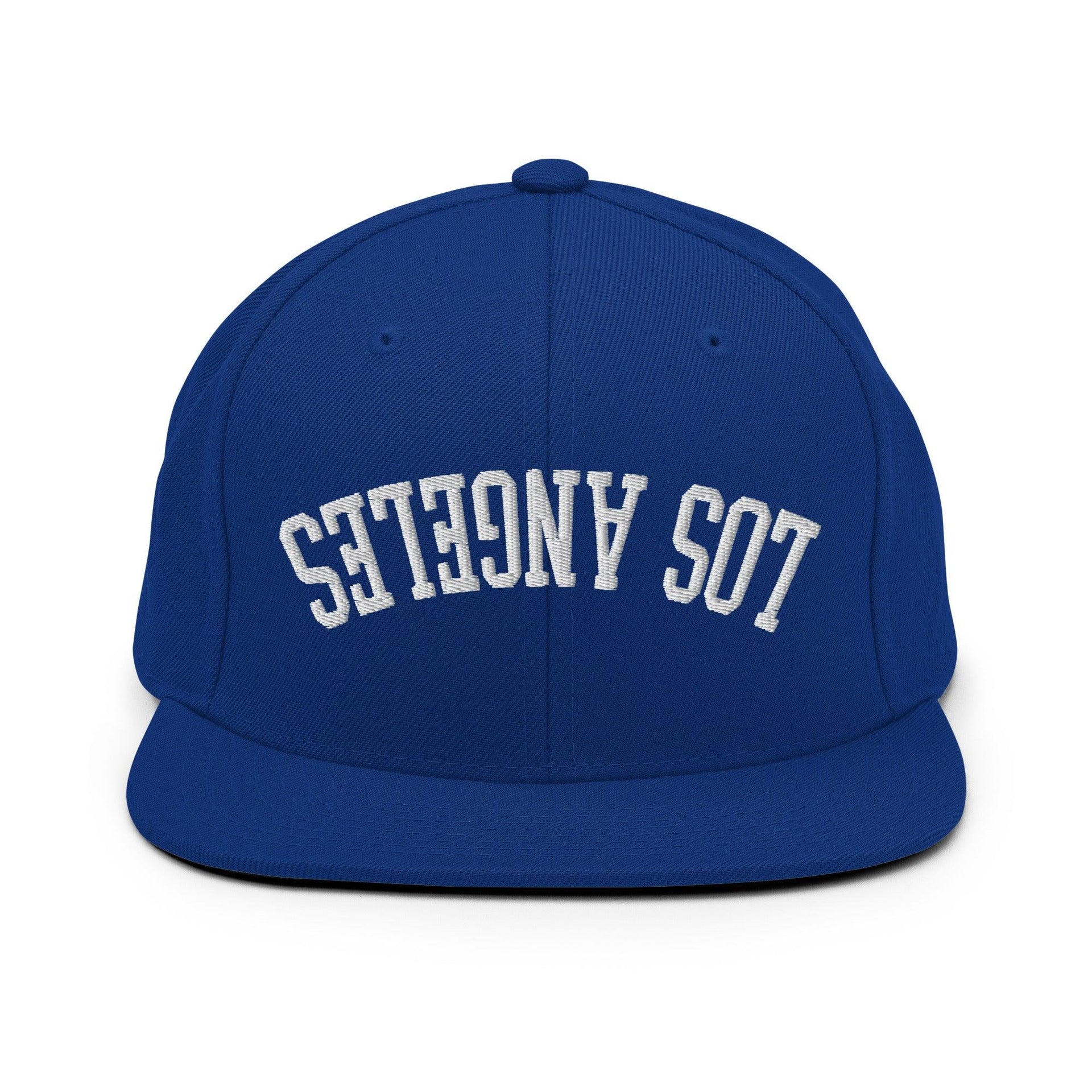 Upside Down LA Los Angeles Varsity Letterman Flat Bill Brim Snapback Hat Royal Blue CA Capital Crowns Los Angeles Snapback Hats