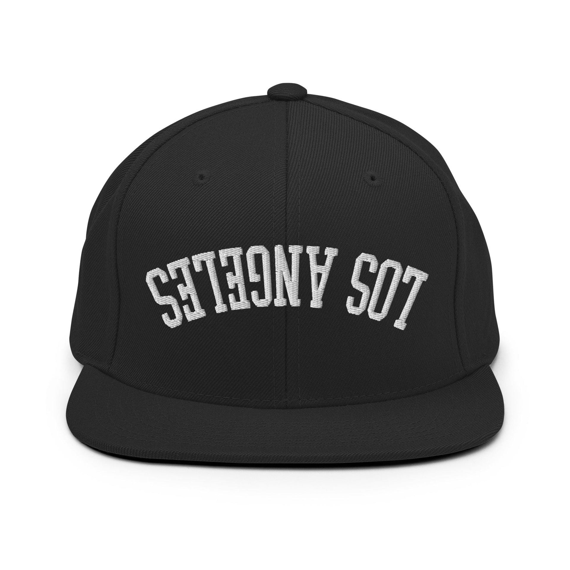 Upside Down LA Los Angeles Varsity Letterman Flat Bill Brim Snapback Hat Black CA Capital Crowns Los Angeles Snapback Hats