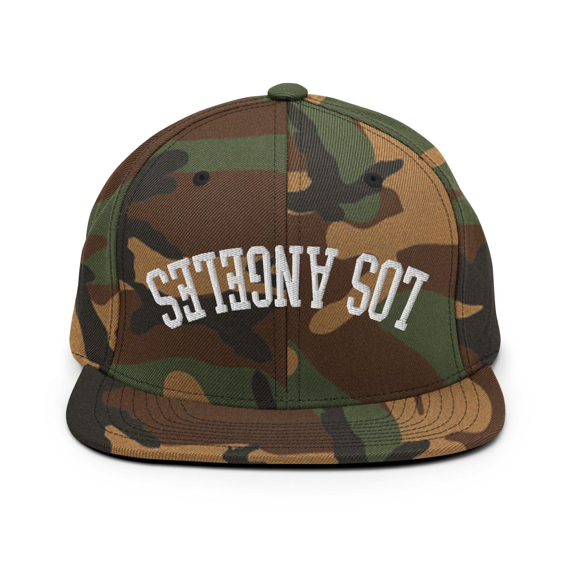 Upside Down LA Los Angeles Varsity Letterman Flat Bill Brim Snapback Hat Green Camo CA Capital Crowns Los Angeles Snapback Hats