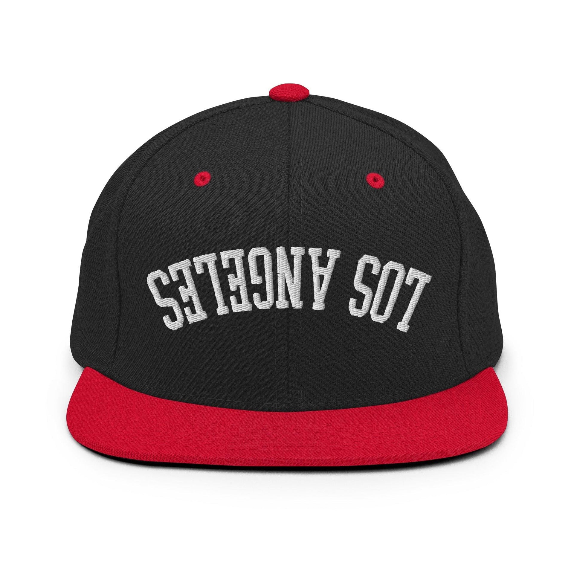 Upside Down LA Los Angeles Varsity Letterman Flat Bill Brim Snapback Hat Black Red CA Capital Crowns Los Angeles Snapback Hats