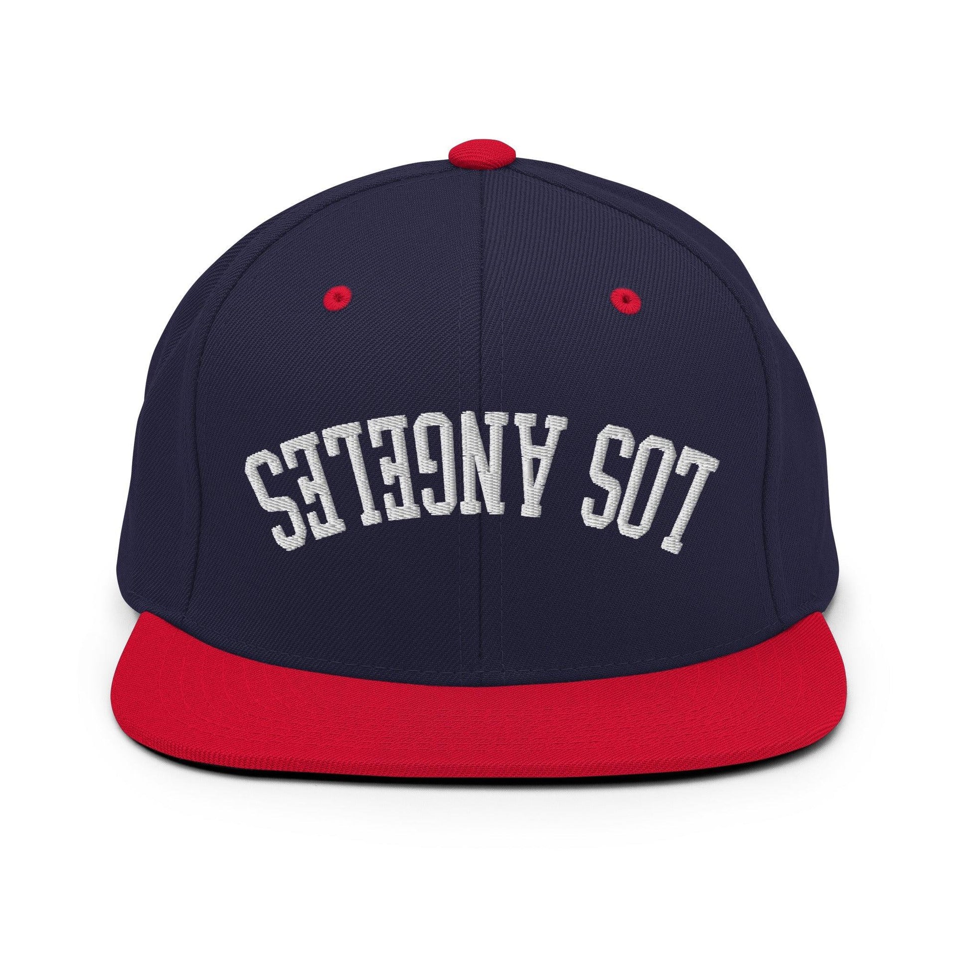 Upside Down LA Los Angeles Varsity Letterman Flat Bill Brim Snapback Hat Navy Red CA Capital Crowns Los Angeles Snapback Hats