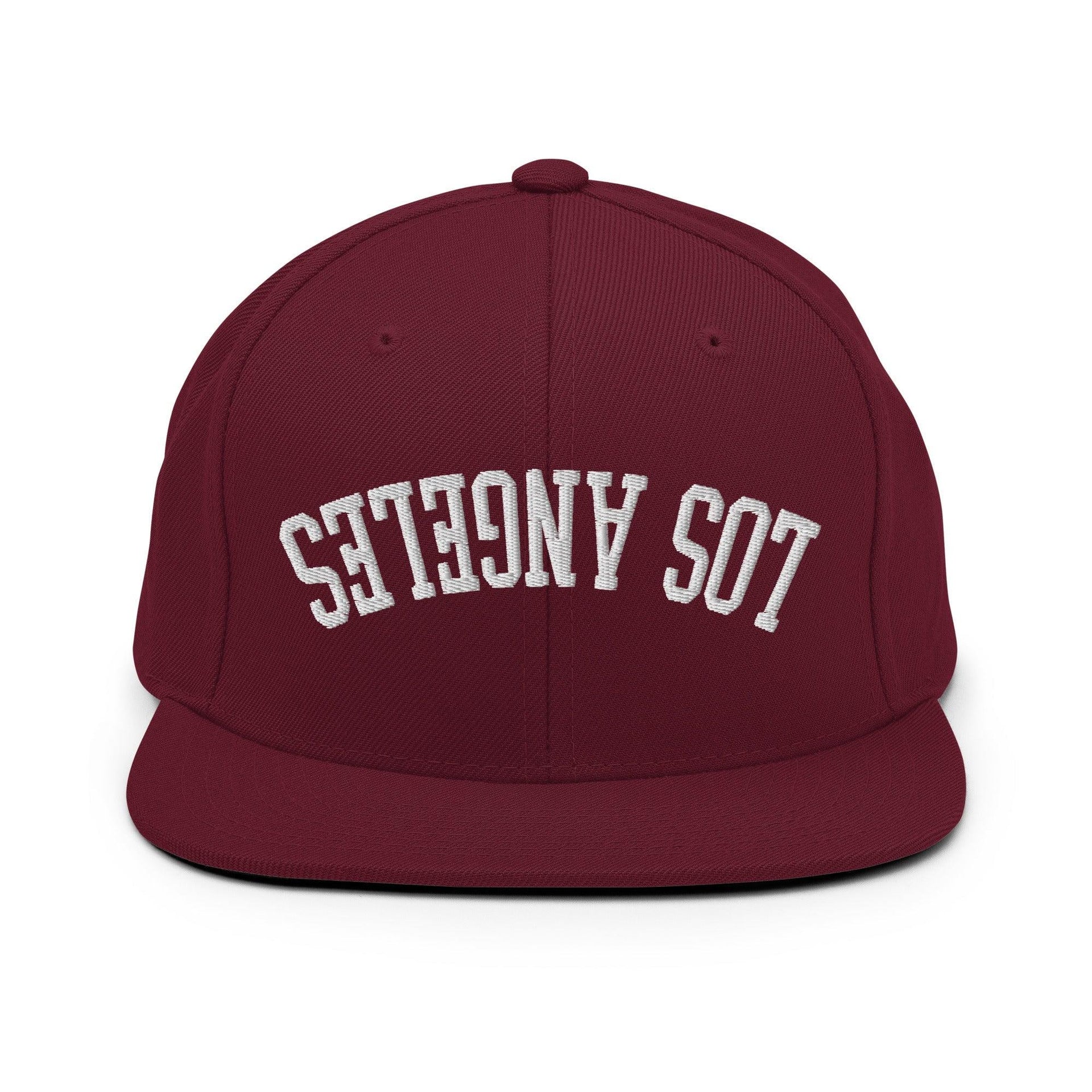 Upside Down LA Los Angeles Varsity Letterman Flat Bill Brim Snapback Hat Maroon CA Capital Crowns Los Angeles Snapback Hats
