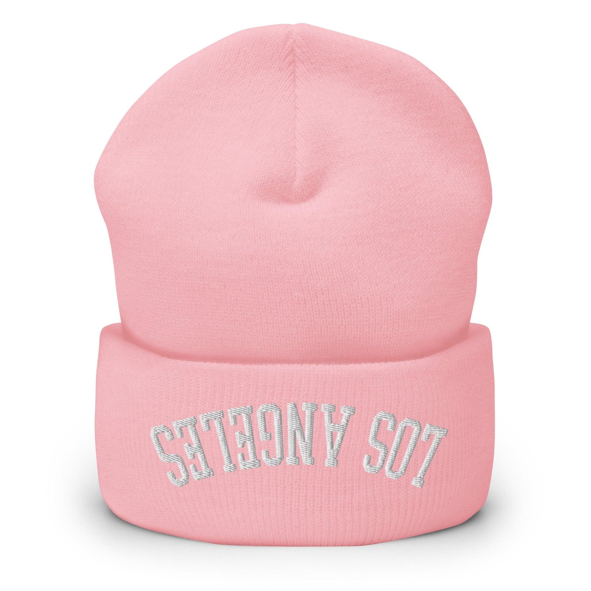 Upside Down Los Angeles LA Embroidered Knit Cuffed Beanie Baby Pink Beanies CA Capital Crowns Los Angeles