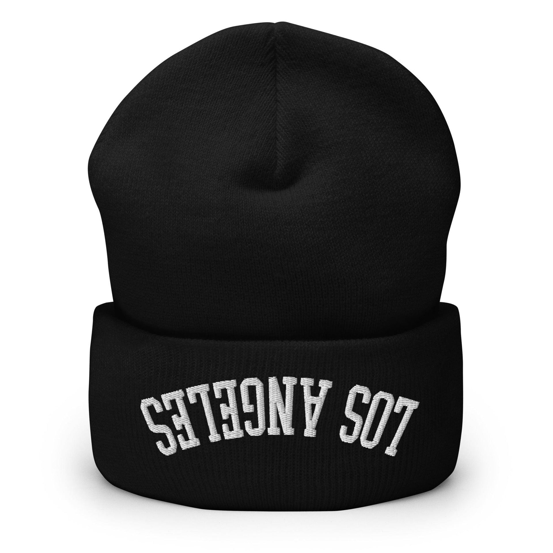 Upside Down Los Angeles LA Embroidered Knit Cuffed Beanie Black Beanies CA Capital Crowns Los Angeles