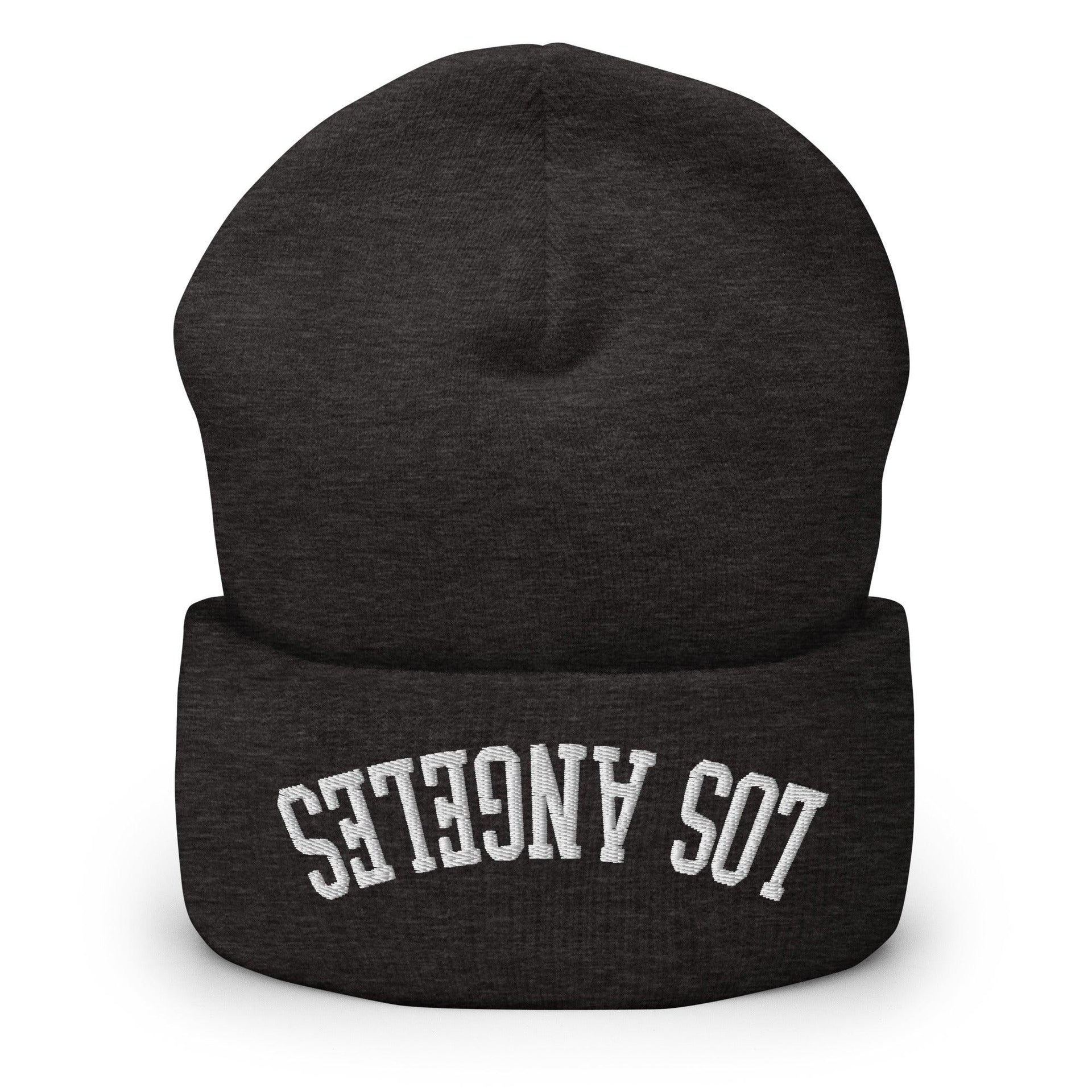 Upside Down Los Angeles LA Embroidered Knit Cuffed Beanie Dark Grey Beanies CA Capital Crowns Los Angeles