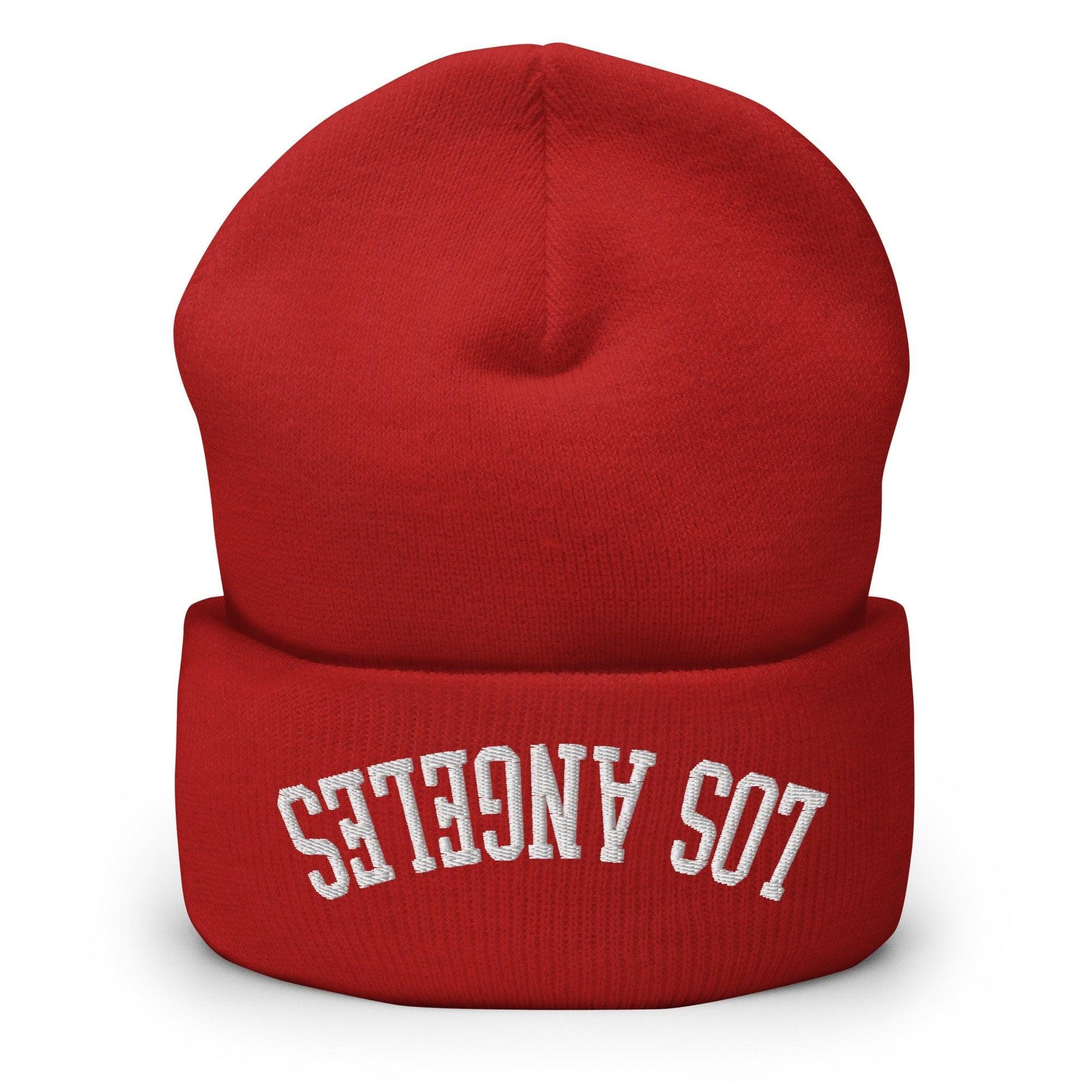 Upside Down Los Angeles LA Embroidered Knit Cuffed Beanie Red Beanies CA Capital Crowns Los Angeles