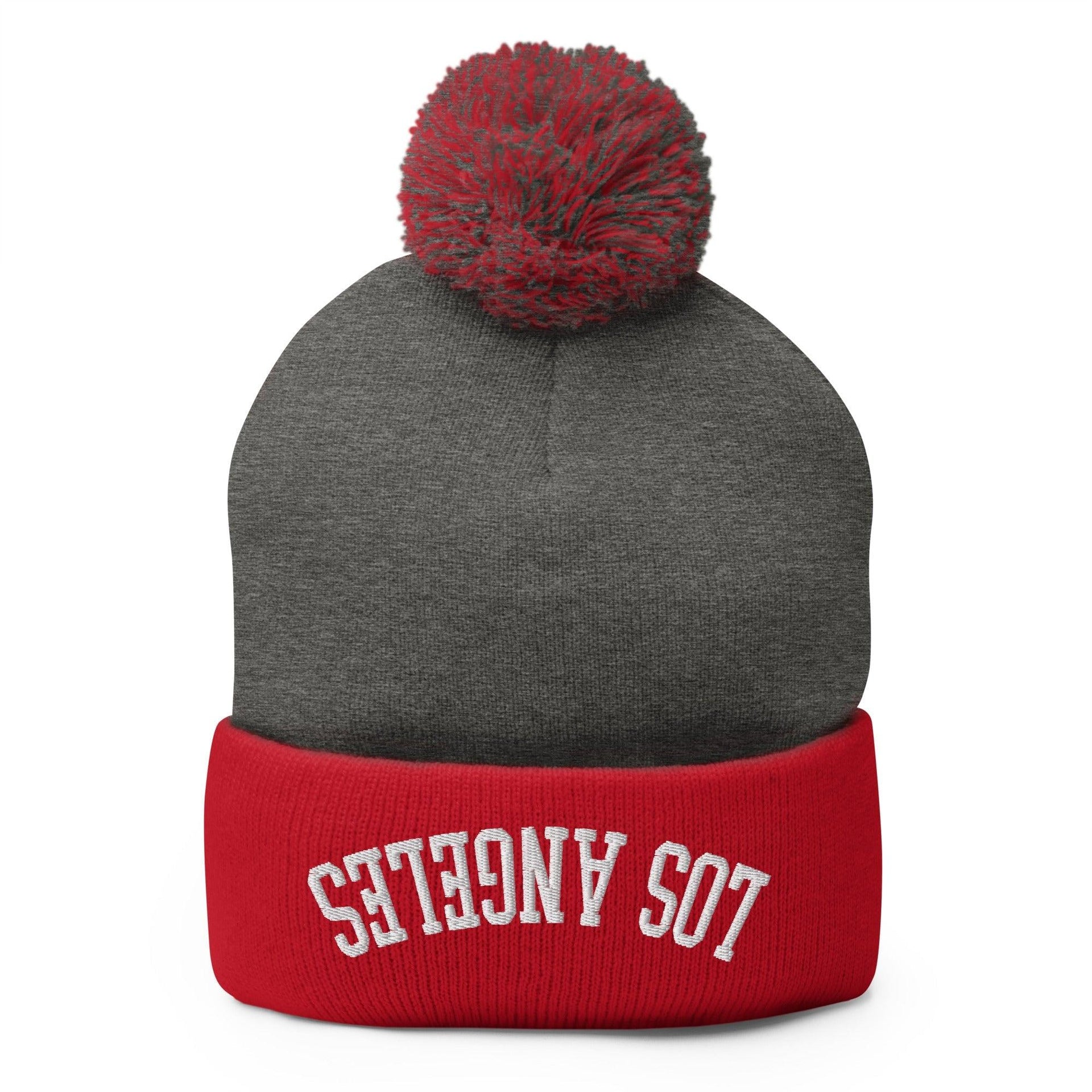 Upside Down Los Angeles LA Embroidered Knit Pom Pom Beanie Dark Heather Grey Red Beanies CA Capital Crowns Los Angeles