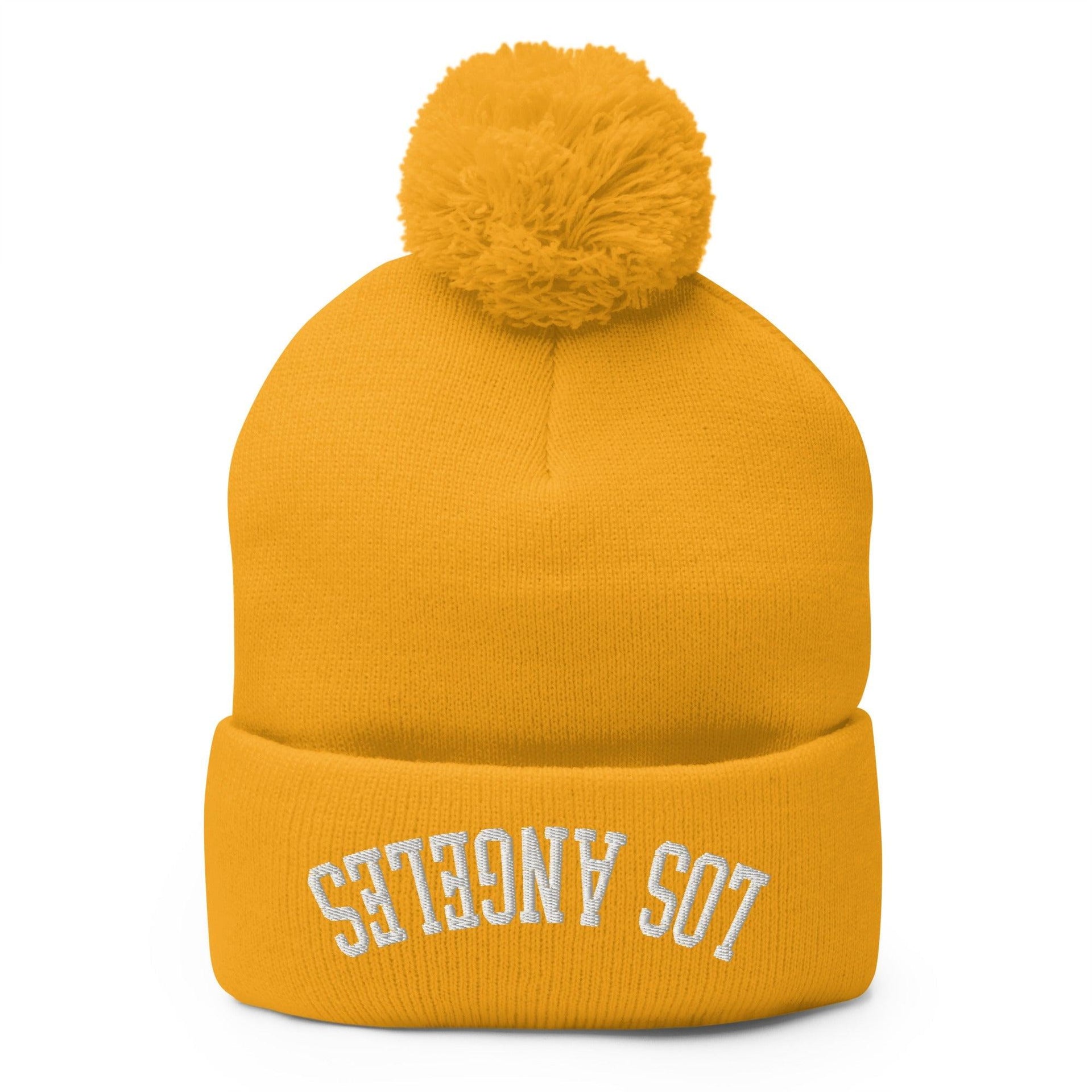 Upside Down Los Angeles LA Embroidered Knit Pom Pom Beanie Gold Beanies CA Capital Crowns Los Angeles