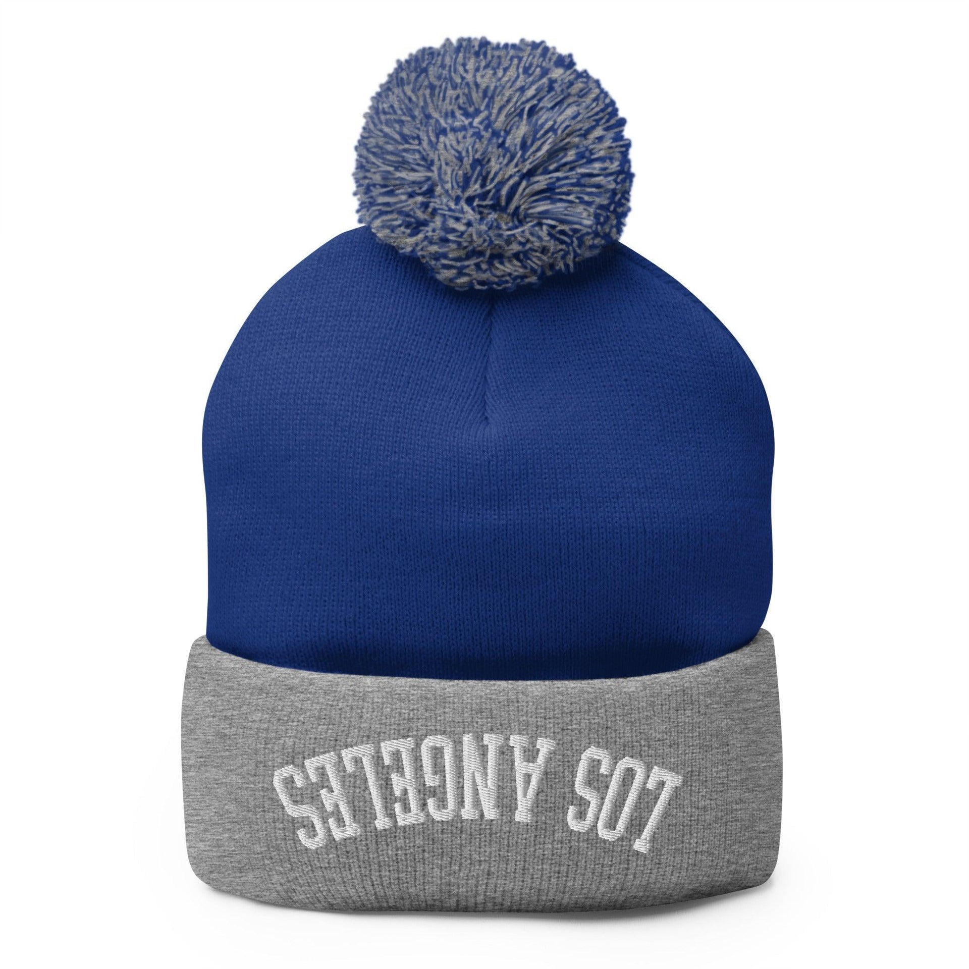 Upside Down Los Angeles LA Embroidered Knit Pom Pom Beanie Royal Heather Grey Beanies CA Capital Crowns Los Angeles