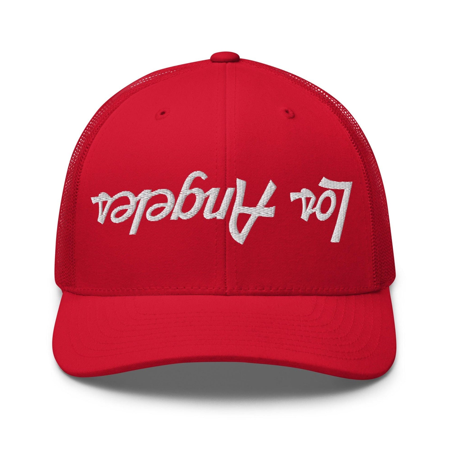 Upside Down Los Angeles LA Vintage Sports Script Embroidered Mesh Trucker Hat Red CA Capital Crowns Los Angeles Trucker Hats