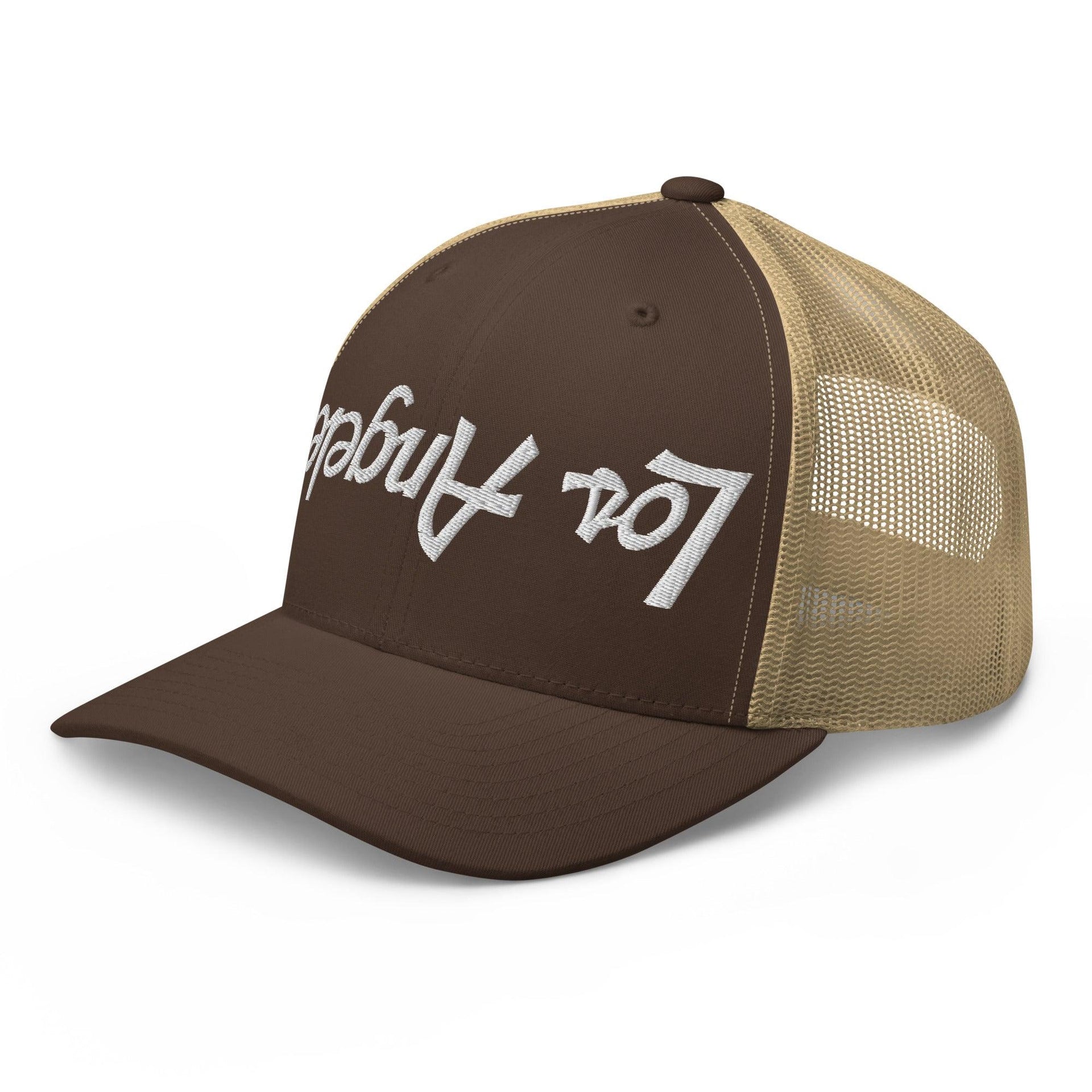 Upside Down Los Angeles LA Vintage Sports Script Embroidered Mesh Trucker Hat CA Capital Crowns Los Angeles Trucker Hats