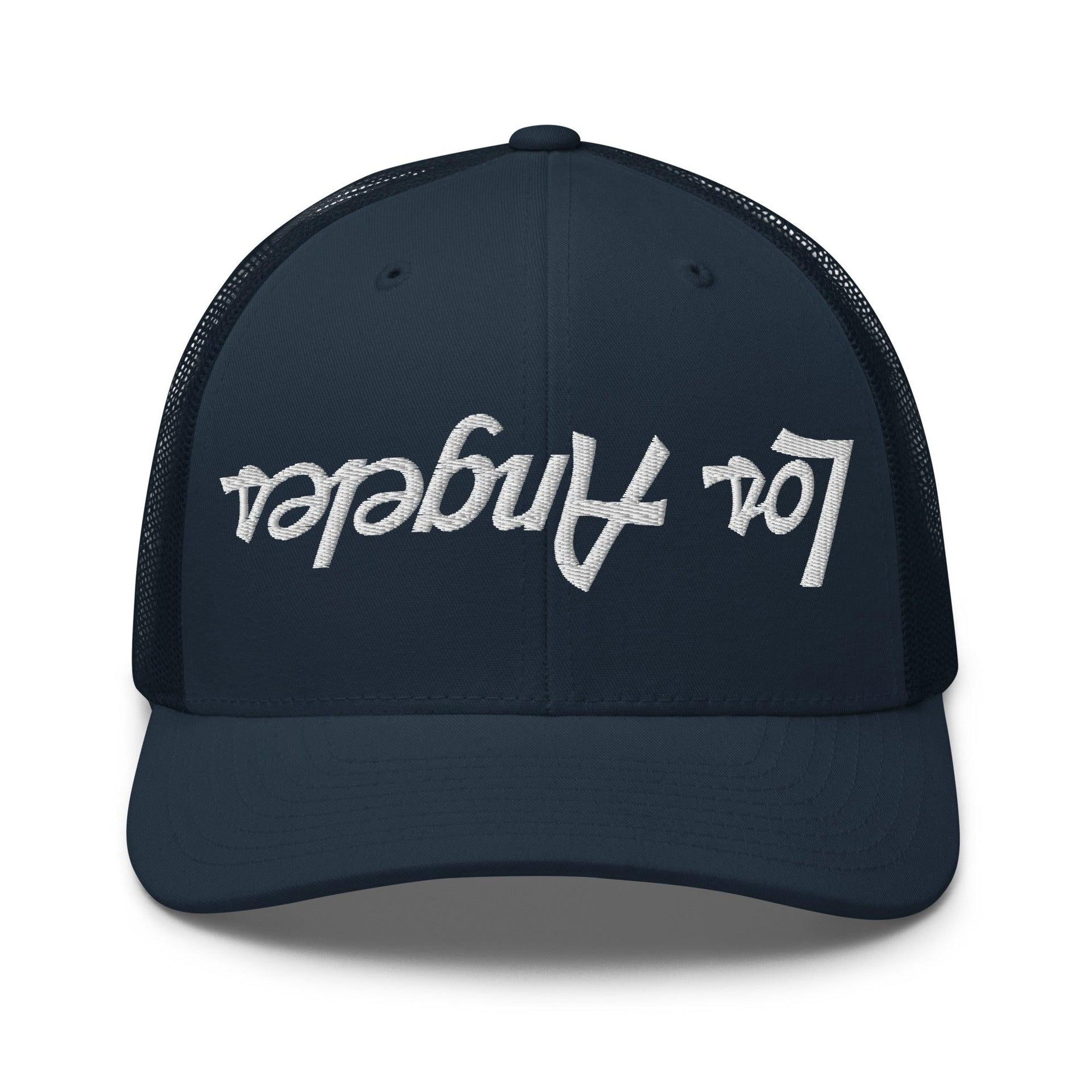 Upside Down Los Angeles LA Vintage Sports Script Embroidered Mesh Trucker Hat Navy CA Capital Crowns Los Angeles Trucker Hats