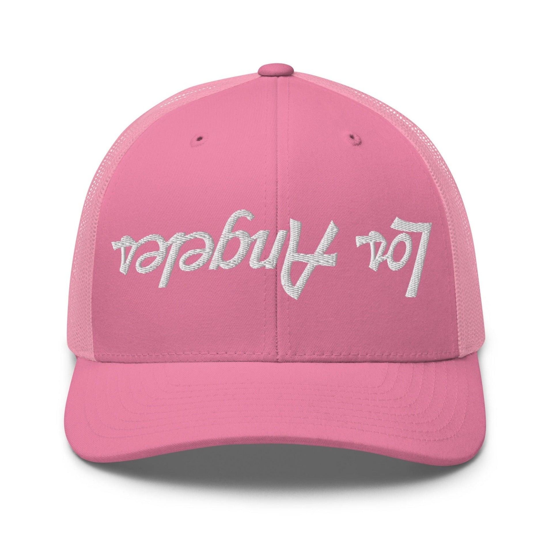 Upside Down Los Angeles LA Vintage Sports Script Embroidered Mesh Trucker Hat Pink CA Capital Crowns Los Angeles Trucker Hats