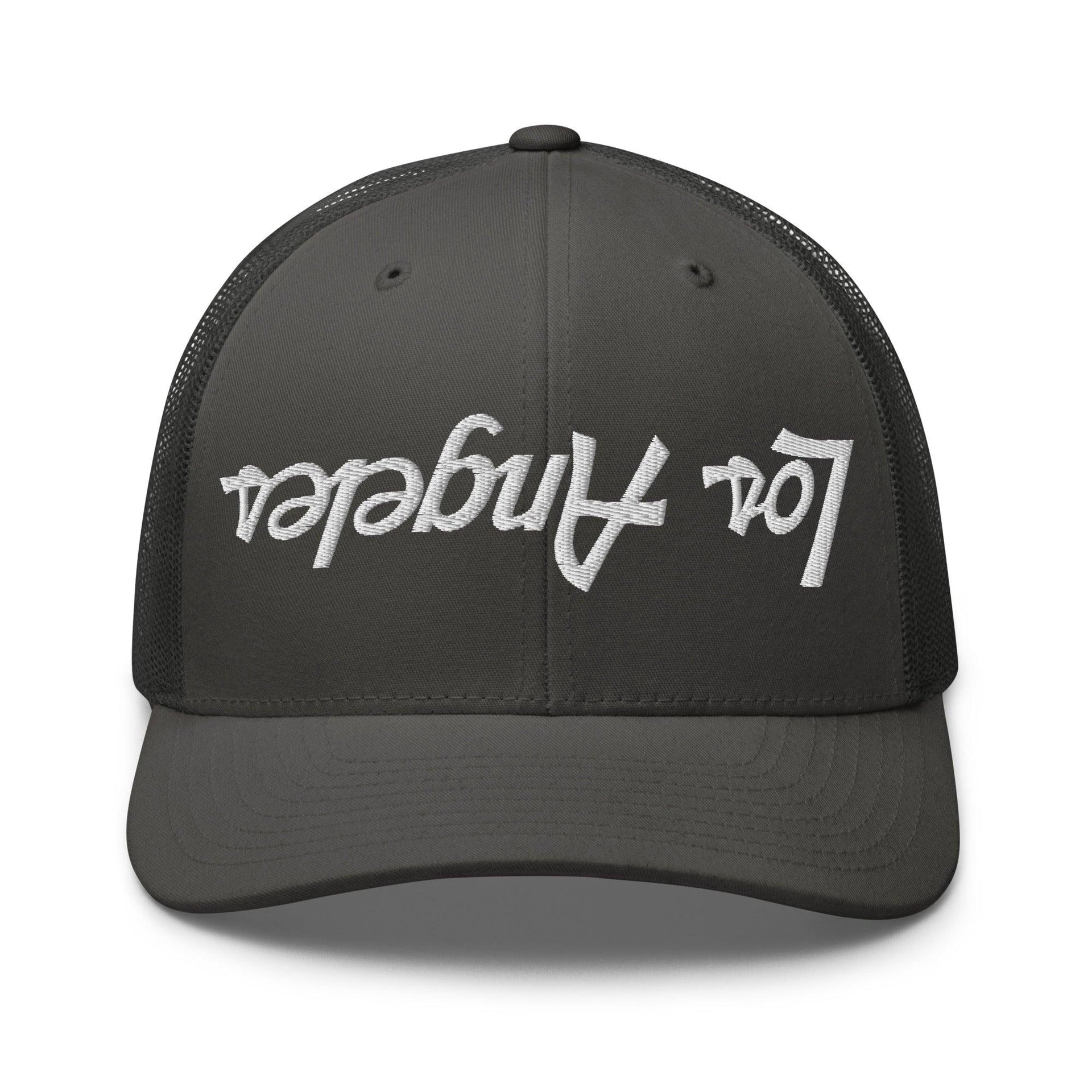 Upside Down Los Angeles LA Vintage Sports Script Embroidered Mesh Trucker Hat Charcoal CA Capital Crowns Los Angeles Trucker Hats