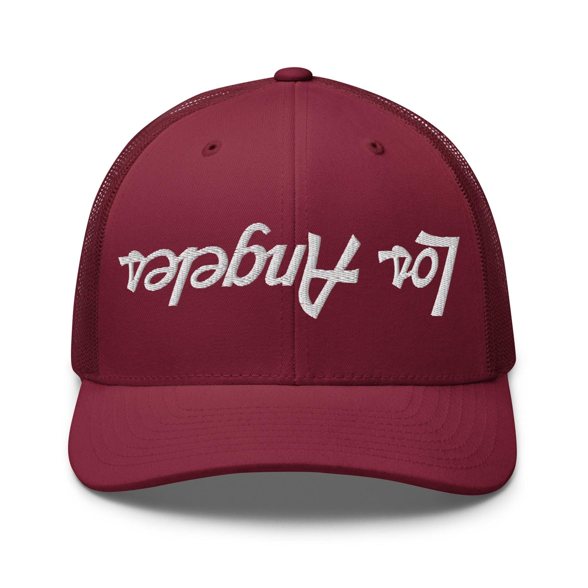 Upside Down Los Angeles LA Vintage Sports Script Embroidered Mesh Trucker Hat Cranberry CA Capital Crowns Los Angeles Trucker Hats