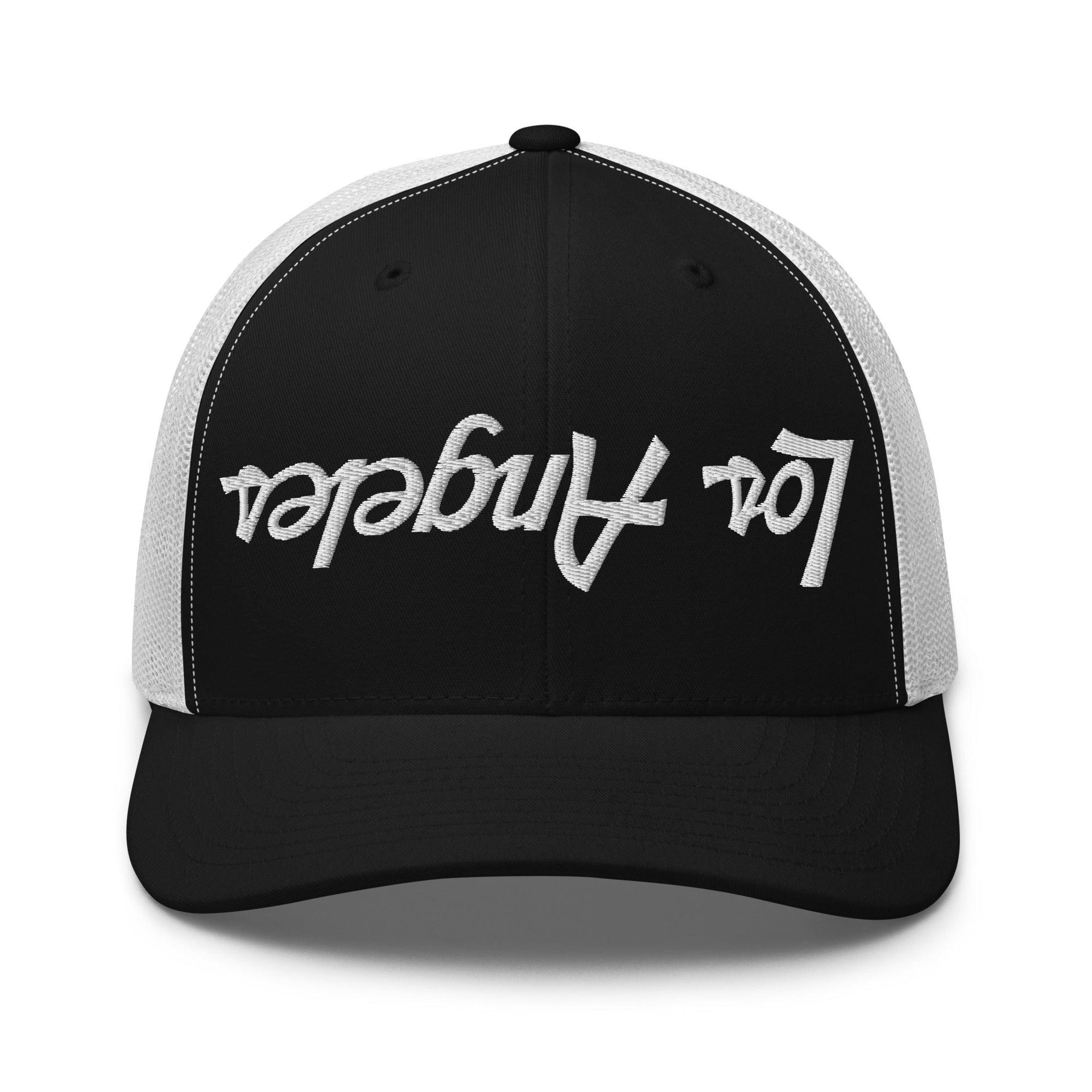 Upside Down Los Angeles LA Vintage Sports Script Embroidered Mesh Trucker Hat Black White CA Capital Crowns Los Angeles Trucker Hats