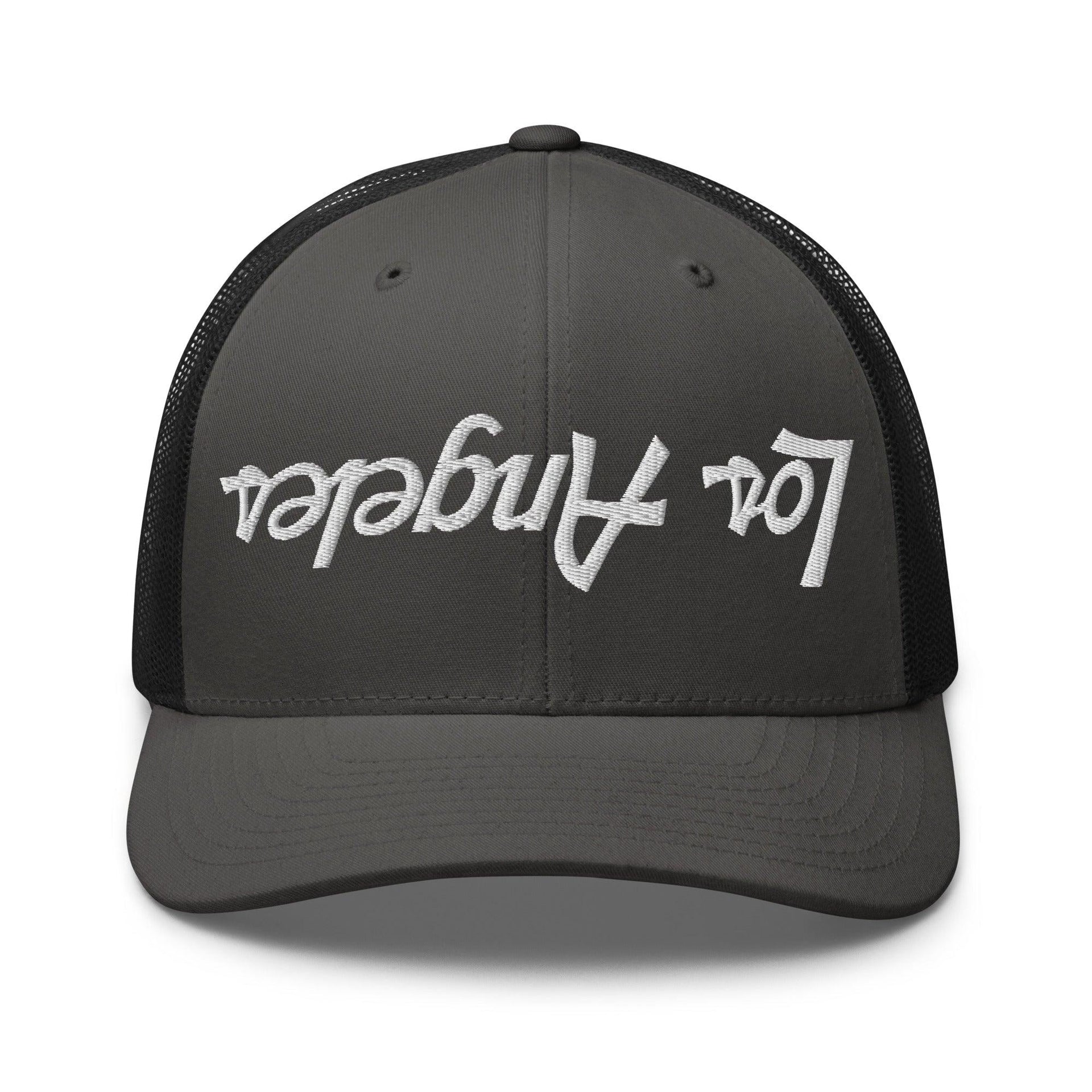 Upside Down Los Angeles LA Vintage Sports Script Embroidered Mesh Trucker Hat Charcoal Black CA Capital Crowns Los Angeles Trucker Hats