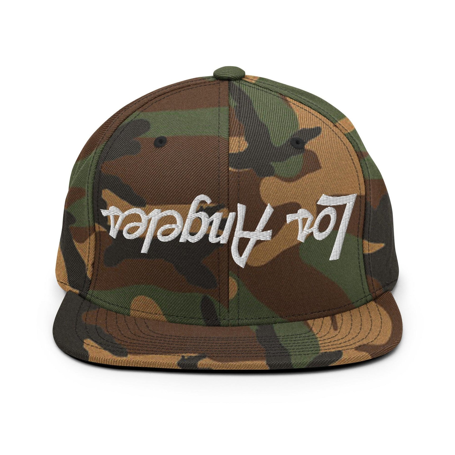 Upside Down Los Angeles LA Vintage Sports Script Flat Bill Brim Snapback Hat Green Camo CA Capital Crowns Los Angeles Snapback Hats