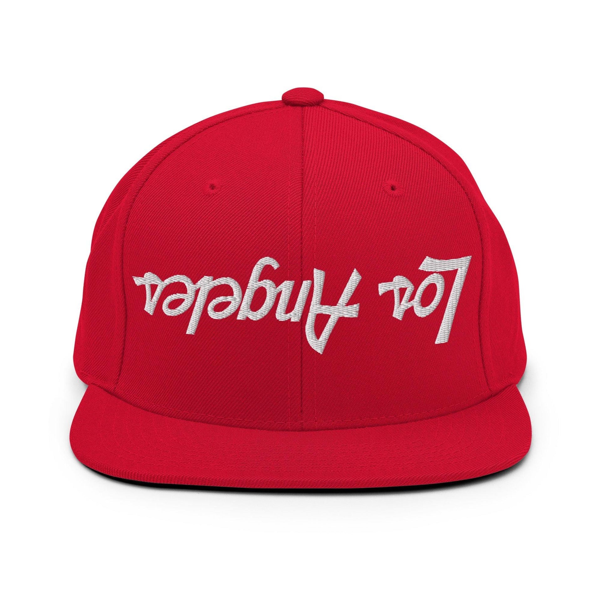 Upside Down Los Angeles LA Vintage Sports Script Flat Bill Brim Snapback Hat Red CA Capital Crowns Los Angeles Snapback Hats
