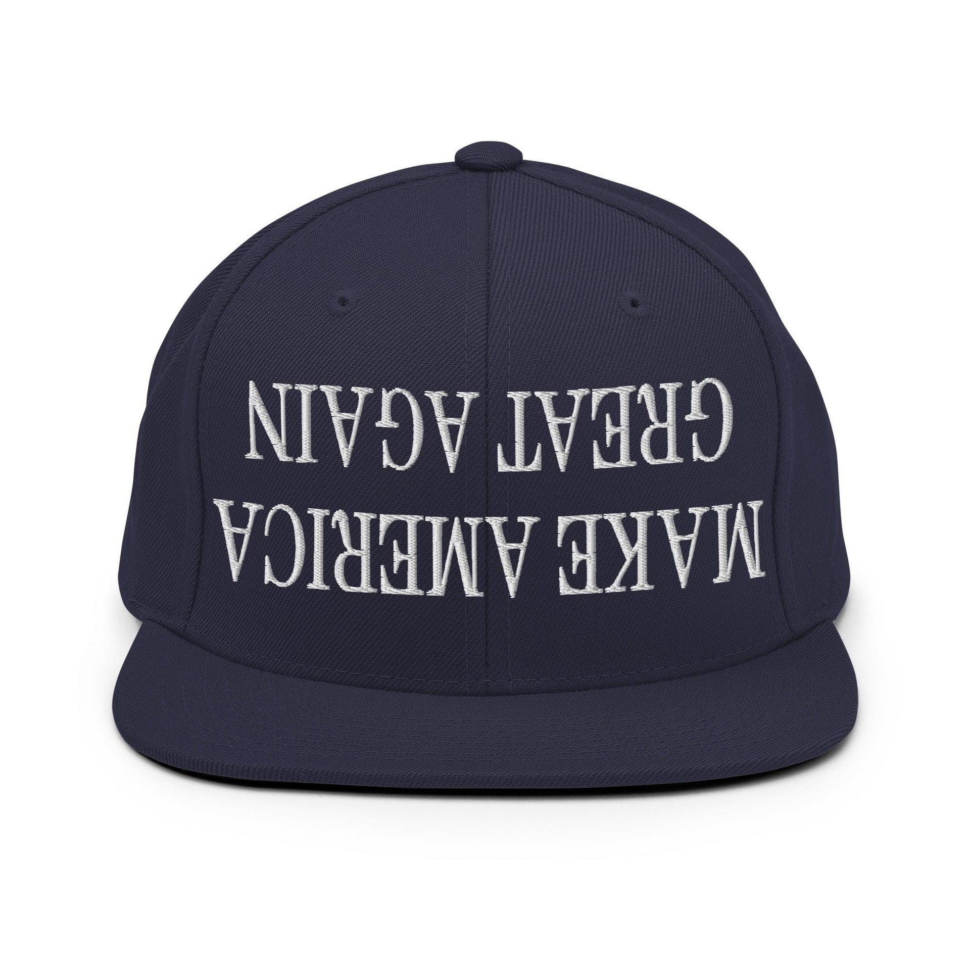 Upside Down Make America Great Again MAGA Embroidered Flat Bill Brim Snapback Hat Navy Capital Crowns Conservative LADs Make Again Snapback Hats
