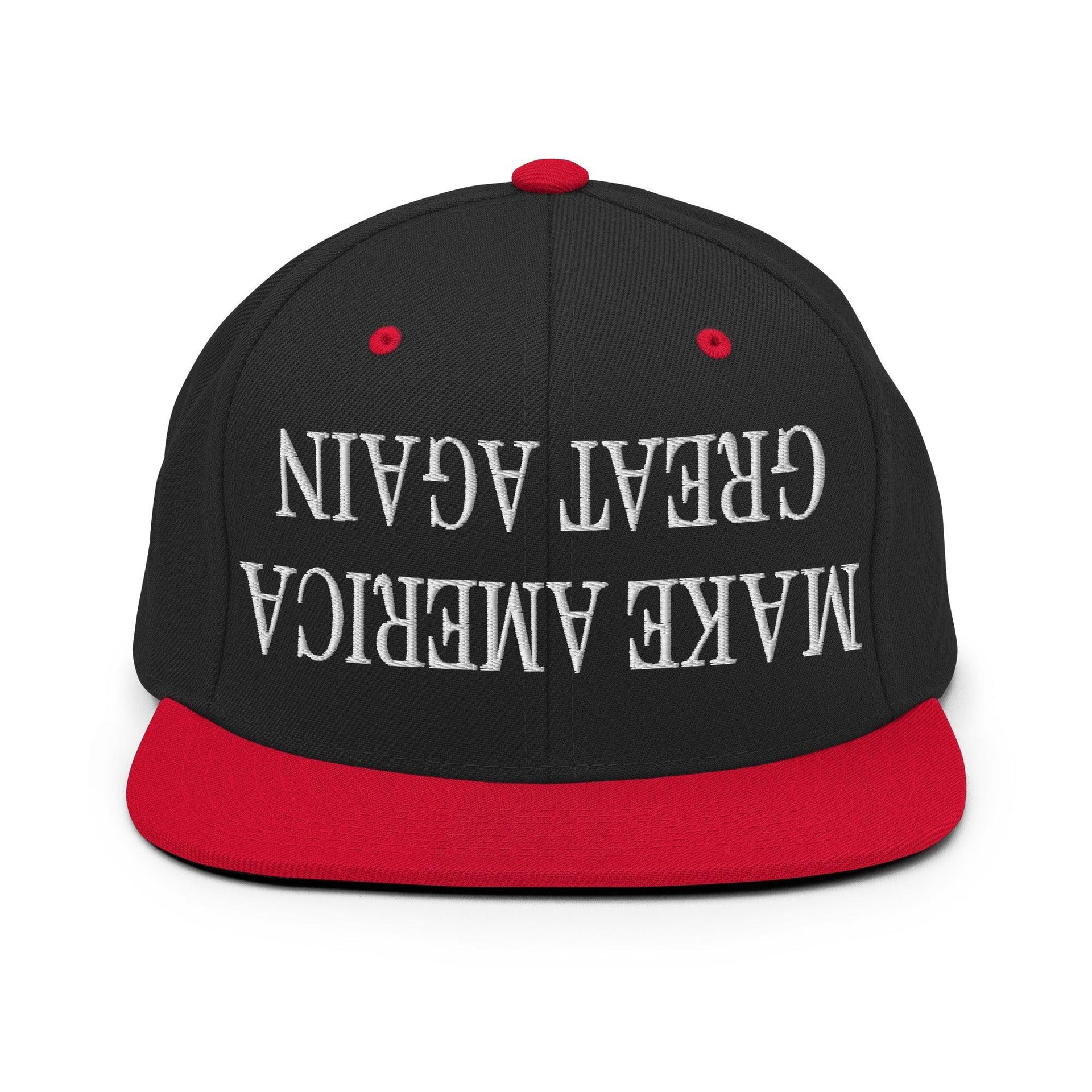 Upside Down Make America Great Again MAGA Embroidered Flat Bill Brim Snapback Hat Black Red Capital Crowns Conservative LADs Make Again Snapback Hats