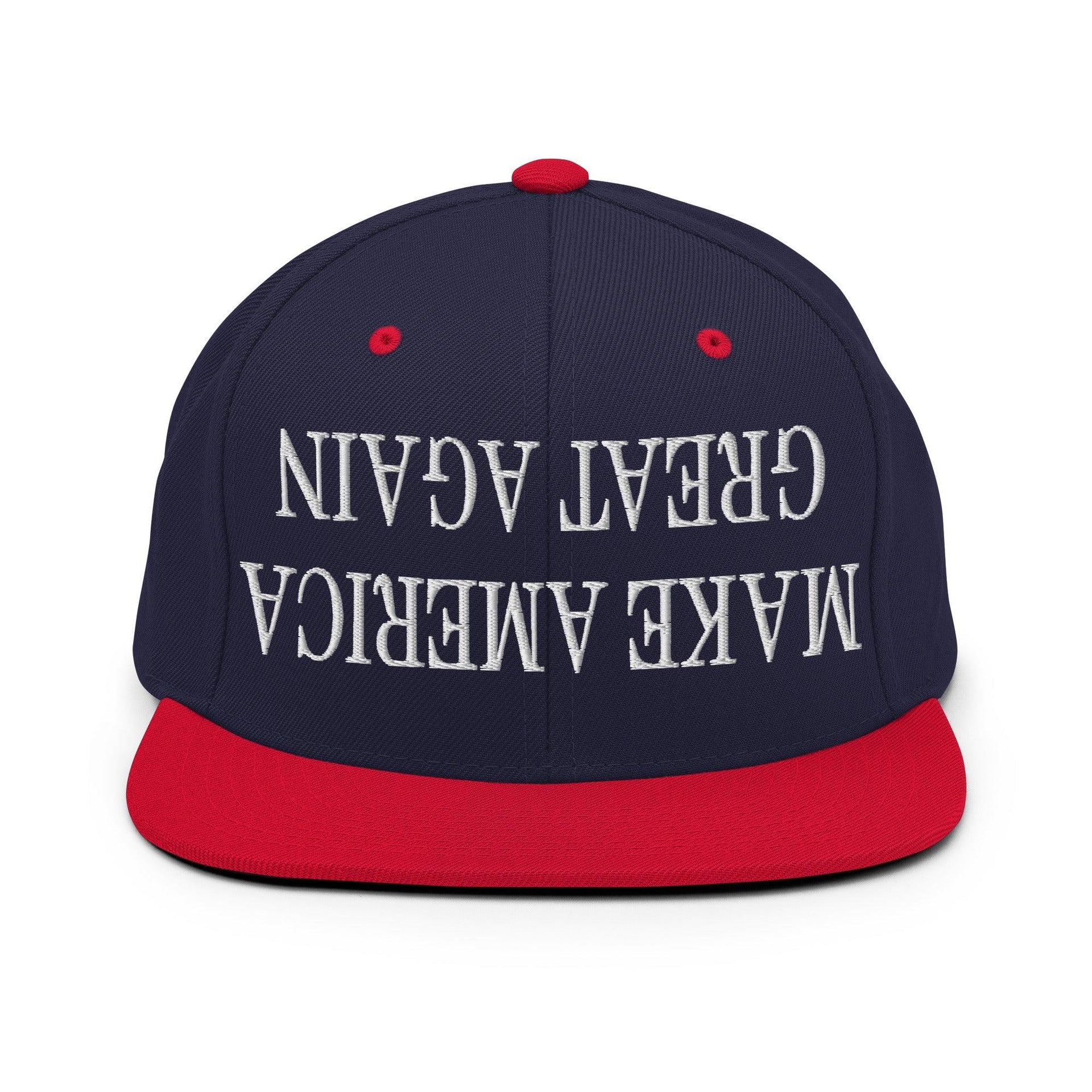 Upside Down Make America Great Again MAGA Embroidered Flat Bill Brim Snapback Hat Navy Red Capital Crowns Conservative LADs Make Again Snapback Hats