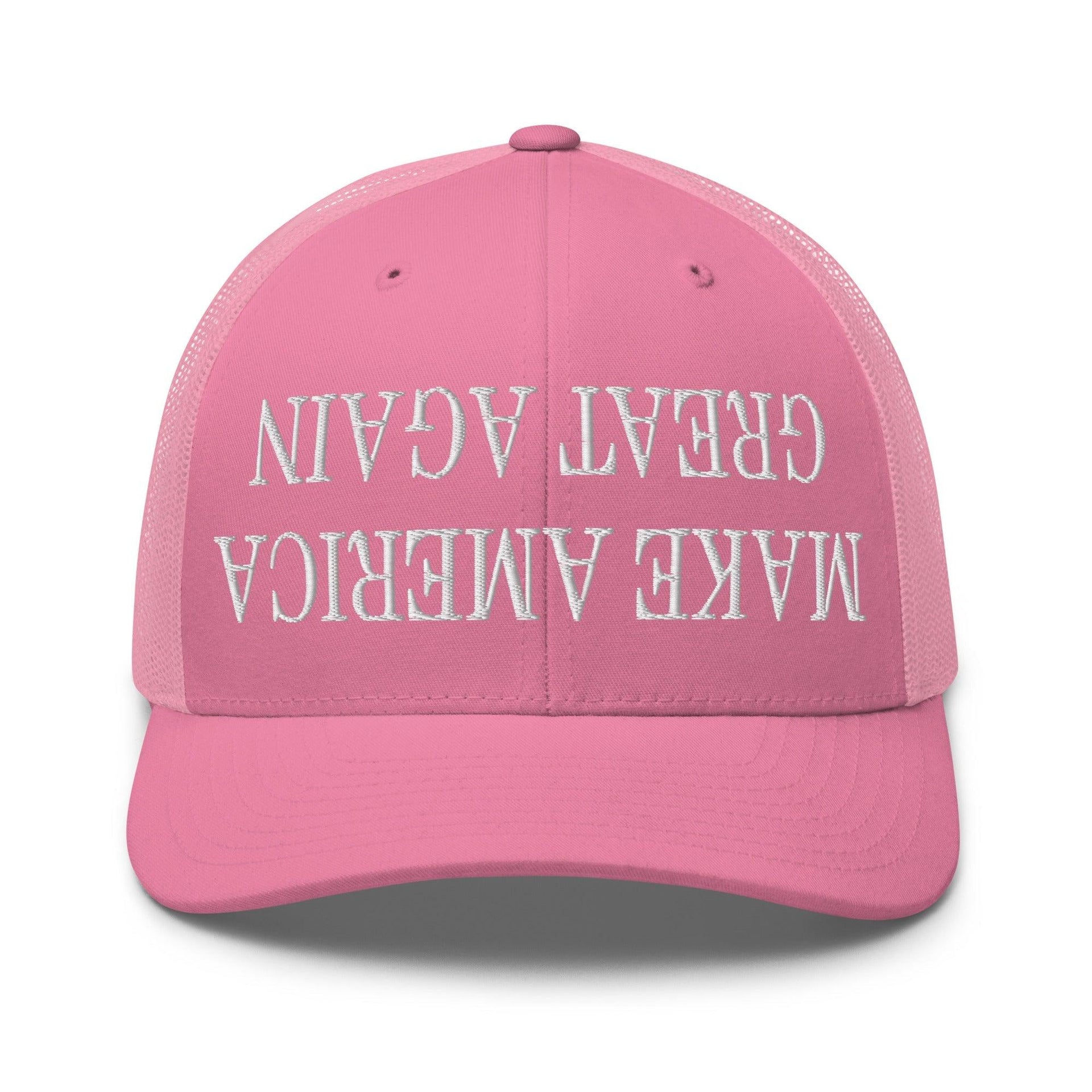 Upside Down Make America Great Again MAGA Embroidered Mesh Trucker Hat Pink Capital Crowns Conservative LADs Make Again Trucker Hats