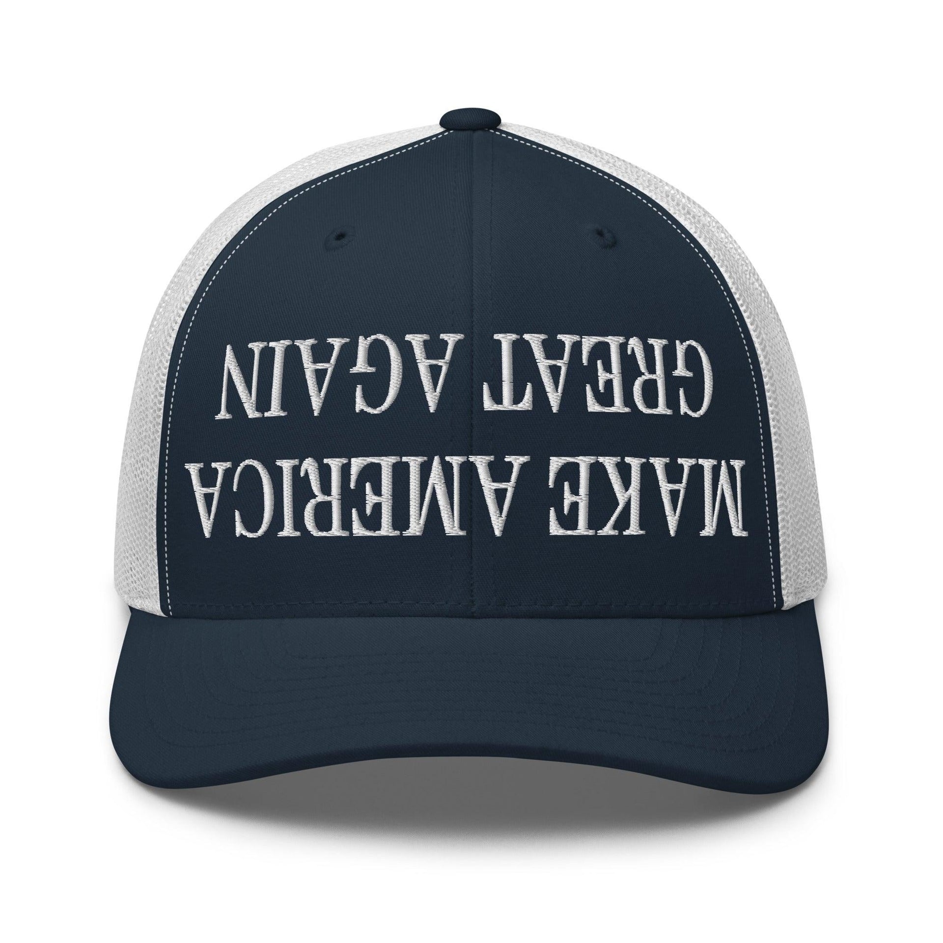 Upside Down Make America Great Again MAGA Embroidered Mesh Trucker Hat Navy White Capital Crowns Conservative LADs Make Again Trucker Hats